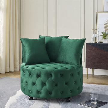 Velvet Upholstered Swivel Chair For Living Room, With Button Tufted Design And Movable Wheels, Including 3 Pillows, Green Green Foam