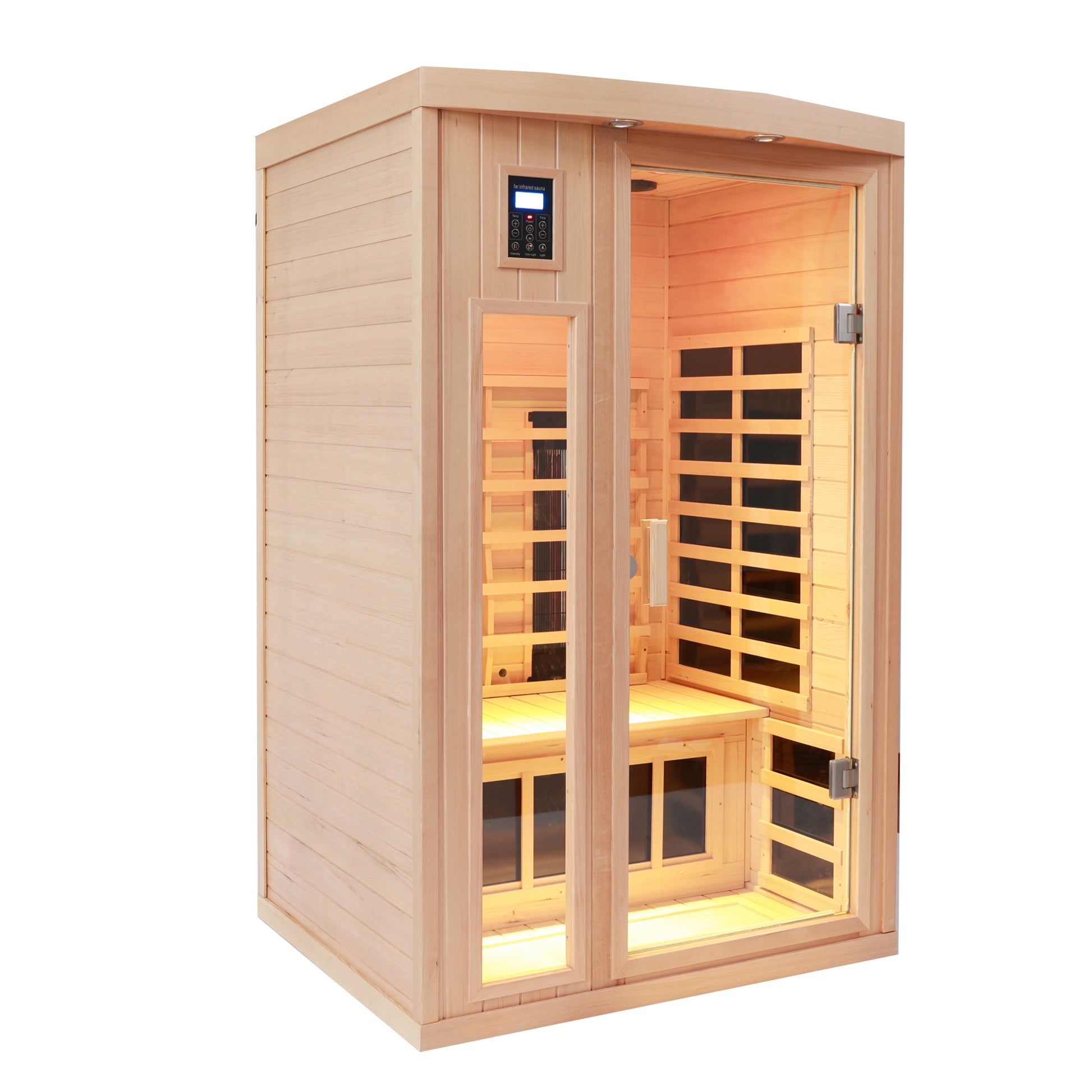 Two Person Hemlock Far Infrared Heating Sauna With Reading Lights Colored Lights Bluetooth External Lights Natural Wood Solid Wood