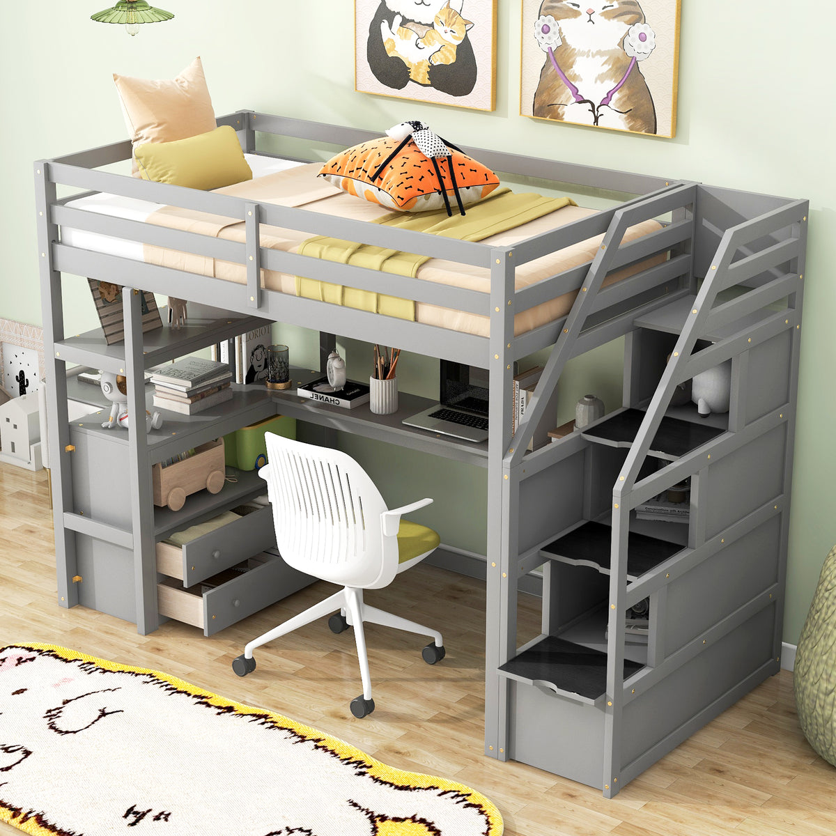 Twin Size Loft Bed With Desk And Shelves, Two Built In Drawers, Storage Staircase, Gray Gray Pine