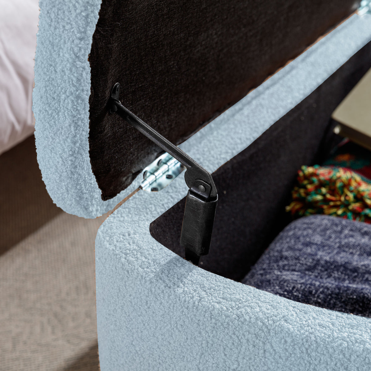 Blue Storage Ottoman Bench For End Of Bed Gold Legs, Modern Grey Faux Fur Entryway Bench Upholstered Padded With Storage For Living Room Bedroom Blue Faux Fur