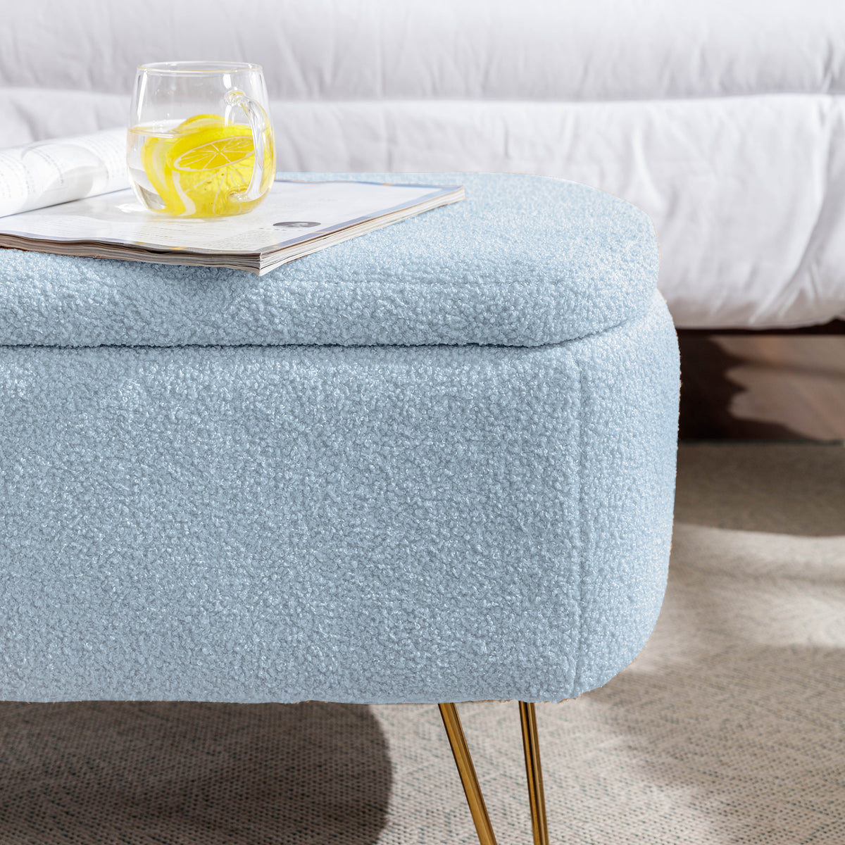 Blue Storage Ottoman Bench For End Of Bed Gold Legs, Modern Grey Faux Fur Entryway Bench Upholstered Padded With Storage For Living Room Bedroom Blue Faux Fur