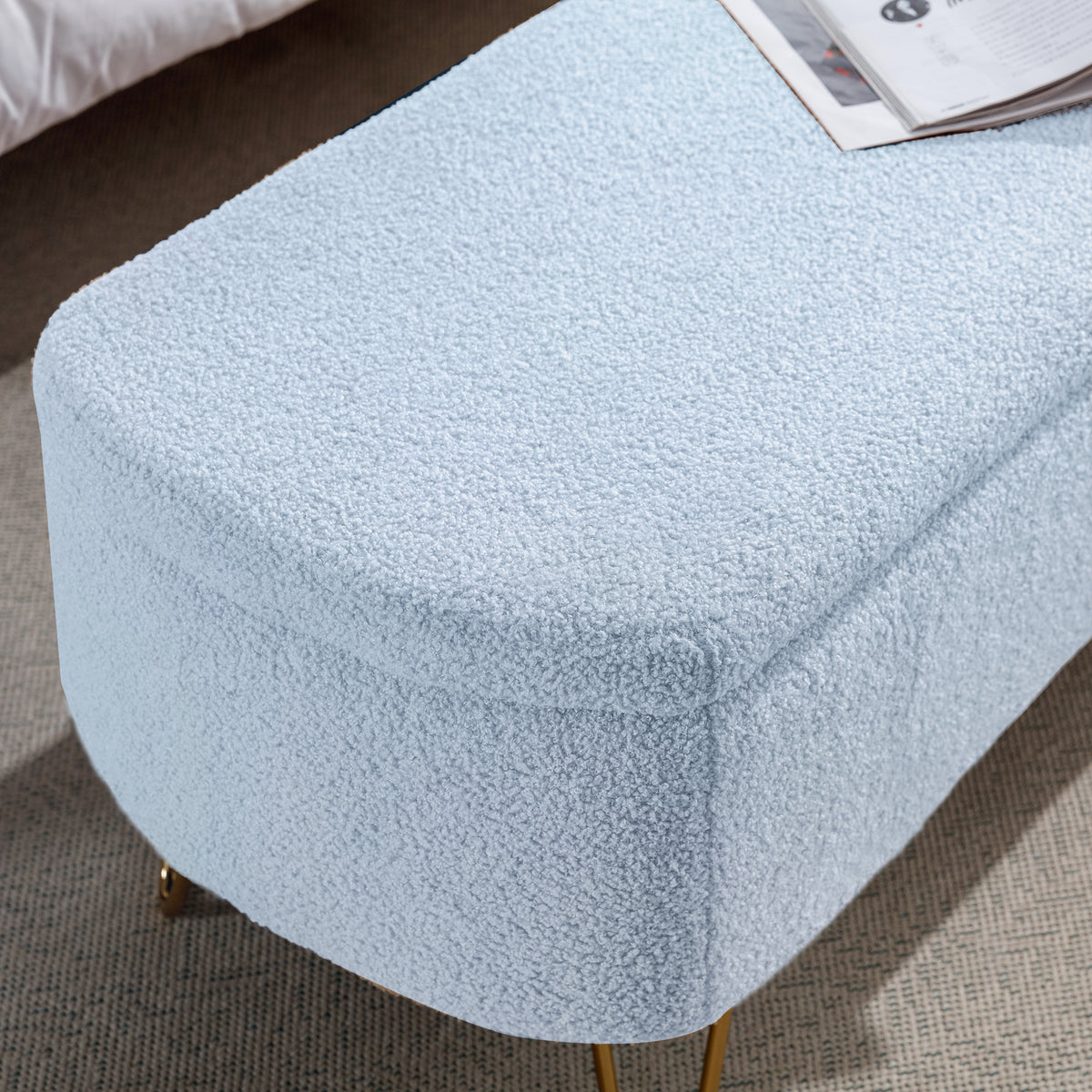 Blue Storage Ottoman Bench For End Of Bed Gold Legs, Modern Grey Faux Fur Entryway Bench Upholstered Padded With Storage For Living Room Bedroom Blue Faux Fur