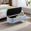 Blue Storage Ottoman Bench For End Of Bed Gold Legs, Modern Grey Faux Fur Entryway Bench Upholstered Padded With Storage For Living Room Bedroom Blue Faux Fur