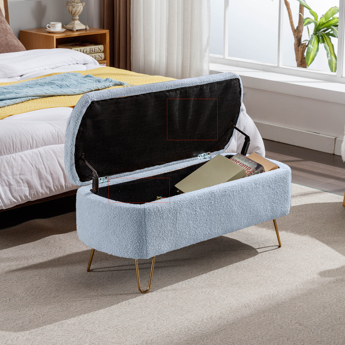 Blue Storage Ottoman Bench For End Of Bed Gold Legs, Modern Grey Faux Fur Entryway Bench Upholstered Padded With Storage For Living Room Bedroom Blue Faux Fur