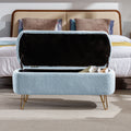 Blue Storage Ottoman Bench For End Of Bed Gold Legs, Modern Grey Faux Fur Entryway Bench Upholstered Padded With Storage For Living Room Bedroom Blue Faux Fur