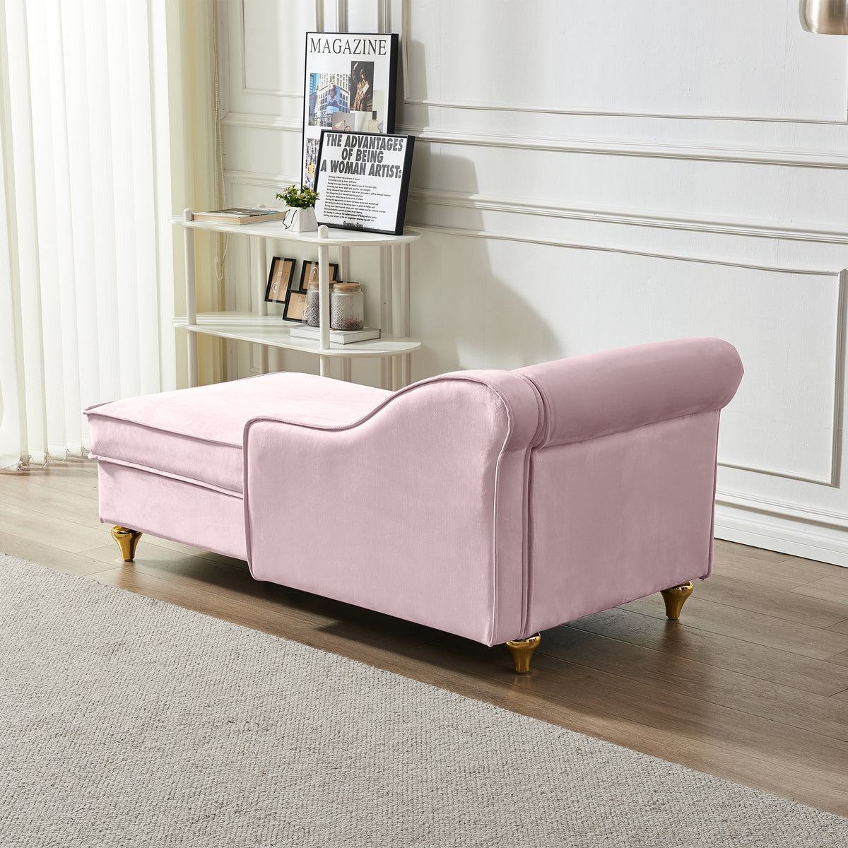 Modern Upholstery Chaise Lounge Chair With Storage Velvet Pink Pink Foam Velvet