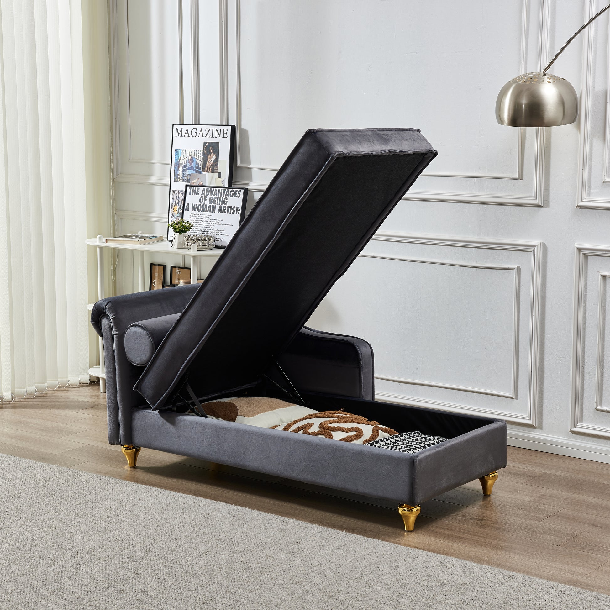 Modern Upholstery Chaise Lounge Chair With Storage Velvet Grey Grey Foam Velvet