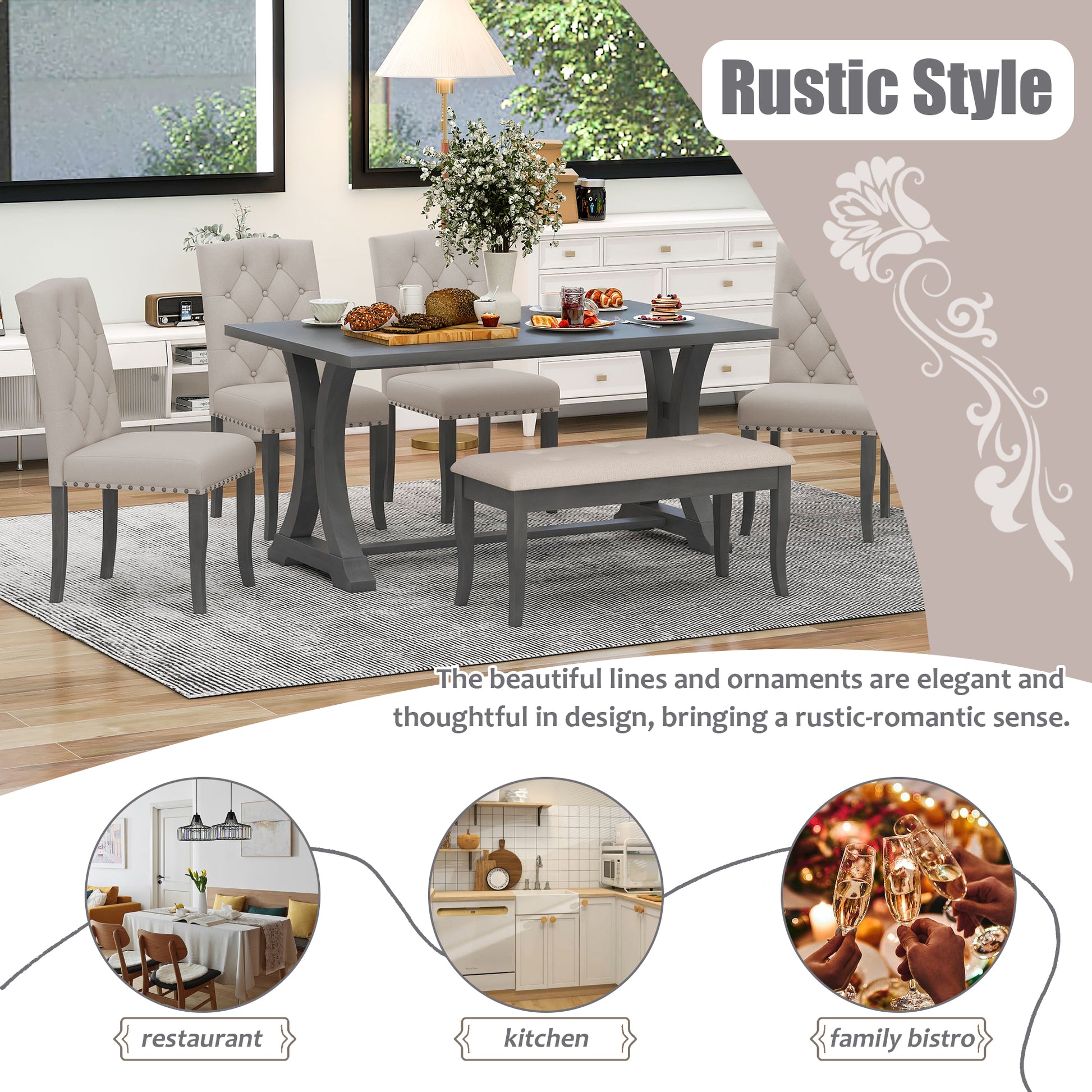 6 Piece Farmhouse Dining Table Set, Rectangular Trestle Table And 4 Upholstered Chairs & Bench For Dining Room Antique Gray Antique Gray Solid Wood