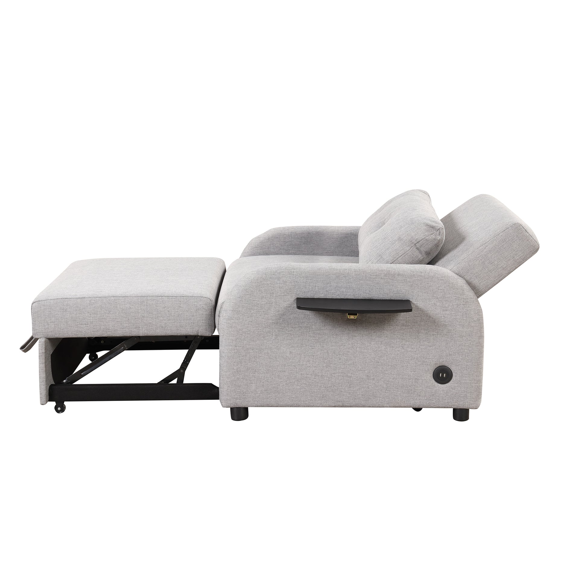 Pull Out Sofa Sleeper 3 In 1 With 2 Wing Table And Usb Charge For Nap Line Fabric For Living Room Recreation Room Grey Gray Foam Linen