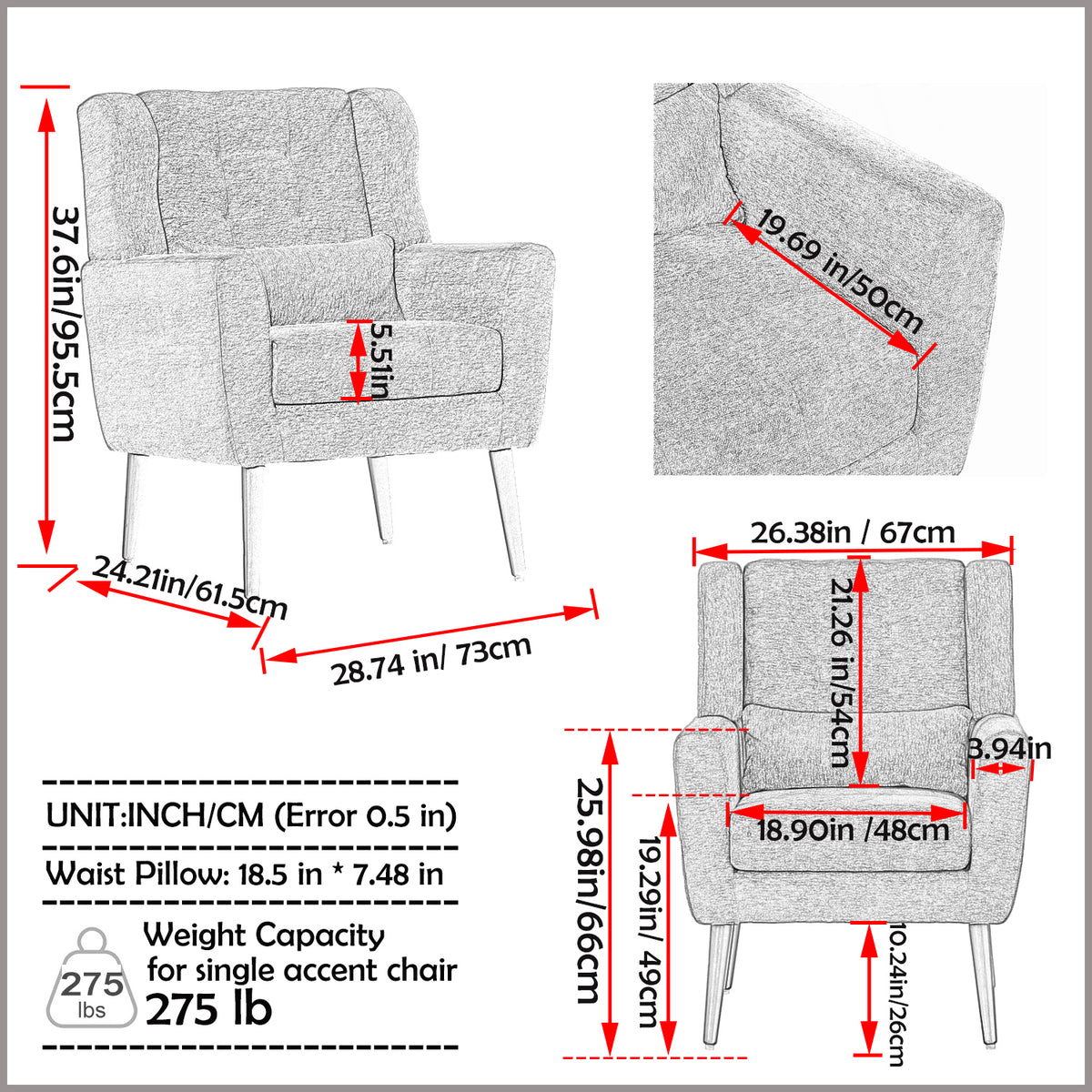 Modern Accent Chair,Chenille Arm Chairs For Living Room,Upholstered Mordern Armchair,Comfy Soft Padded Lounge Chair In Small Space, Bedroom, W Pillow, Solid Wood Leg Gray Grey Light Brown Primary Living Space Modern Rubberwood Foam Chenille