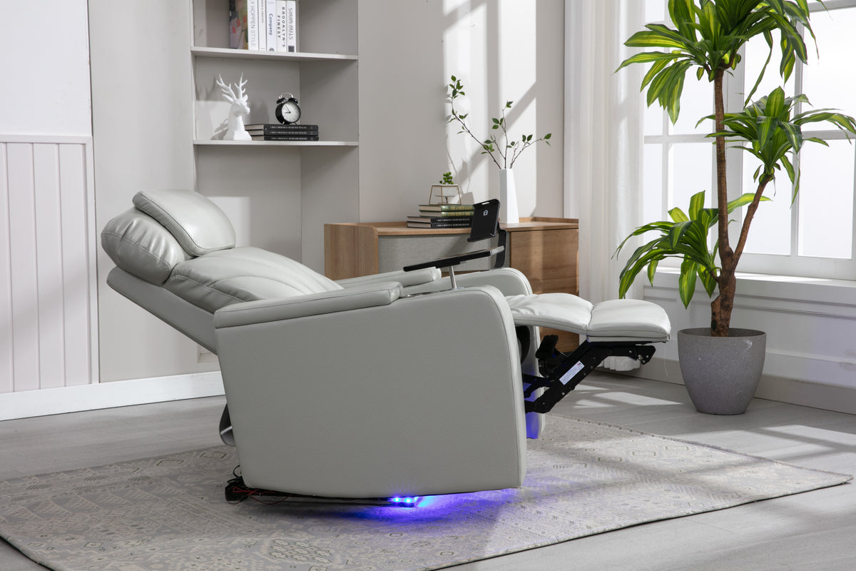 Power Motion Recliner With Usb Charging Port And Hidden Arm Storage, Home Theater Seating With Convenient Cup Holder Design ,And Stereo Light Grey Light Grey Foam Pu