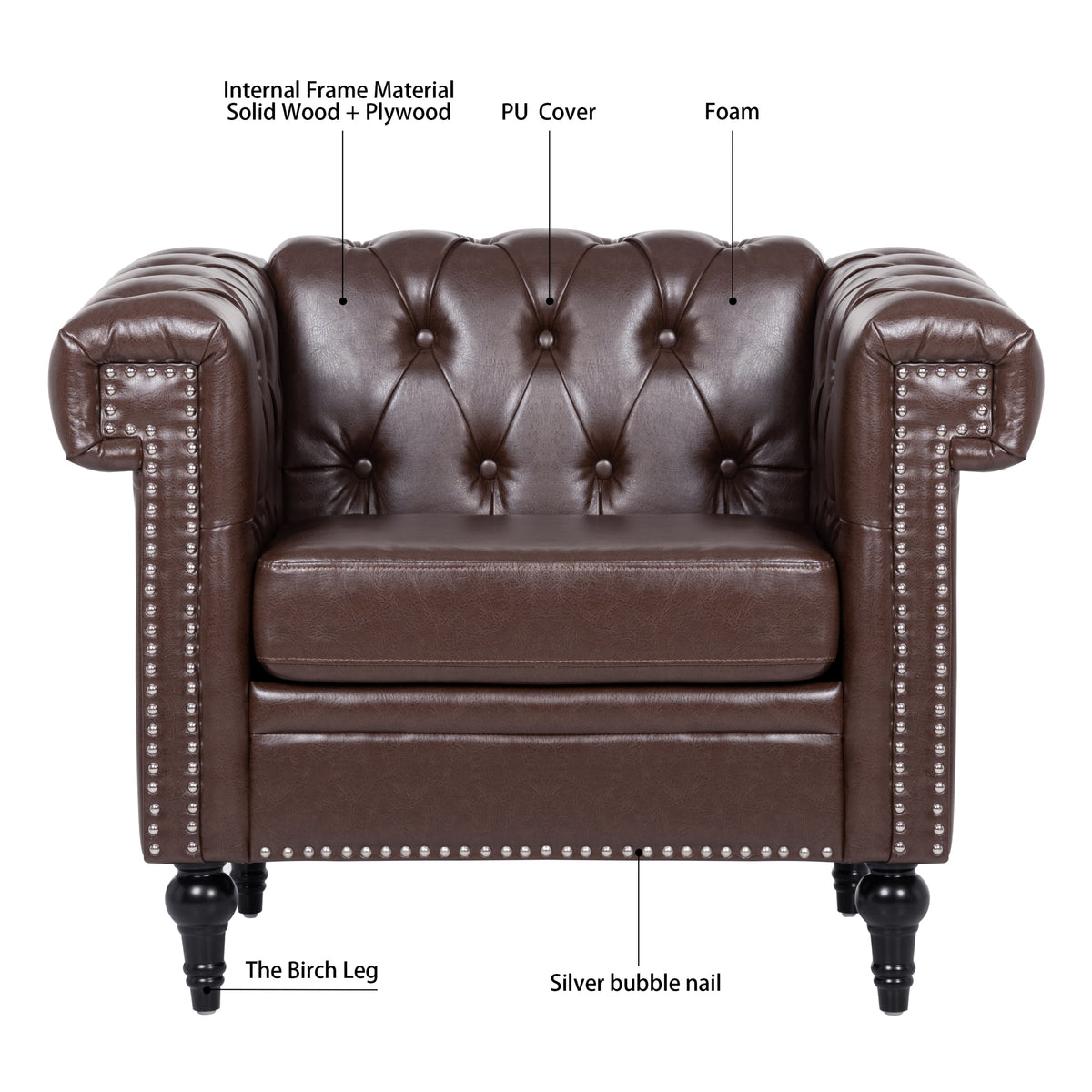 1 Seater Sofa For Living Room Brown Pu Pu