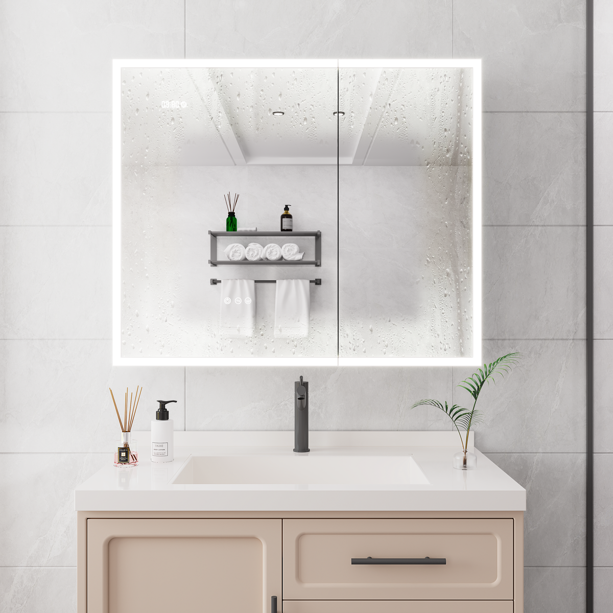 Bathroom Medicine Cabinet With Lights, 36 30 Inch Led Medicine Cabinet With Mirror, Double Door Lighted Medicine Cabinet With Defogger, Dimmer, Clock & Temp Display, 2 Outlets & Usb Ports Mirror Included Bathroom Powder Coated 3 Silver 2 2 36 To 47 In 24