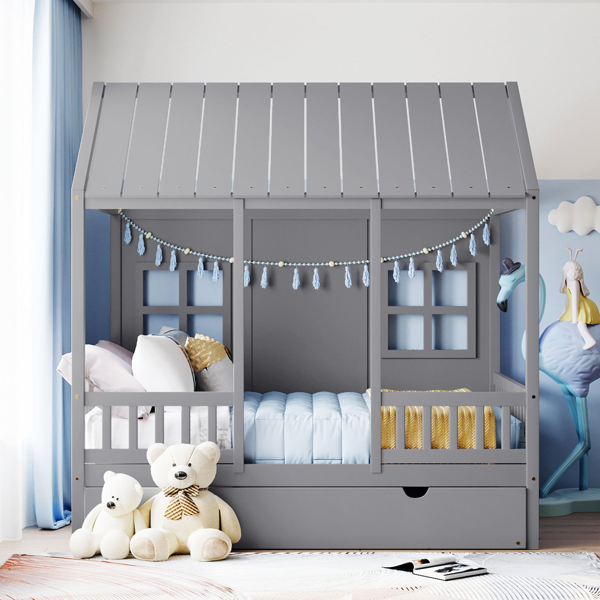 Full Size Wood House Bed With Twin Size Trundle, Wooden Daybed, Gray Full Gray Solid Wood