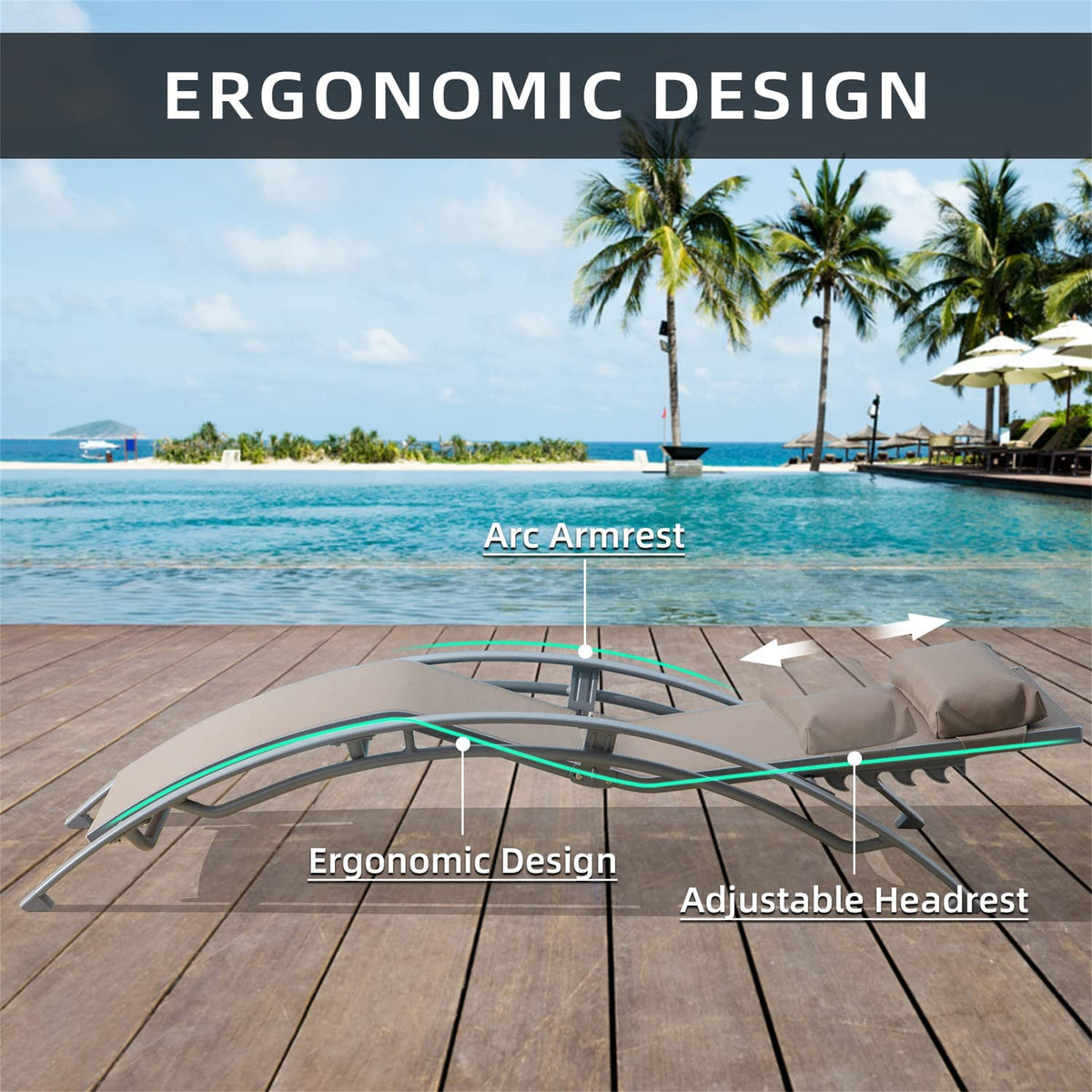 Pool Lounge Chairs Set Of 3, Adjustable Aluminum Outdoor Chaise Lounge Chairs With Metal Side Table, All Weather For Deck Lawn Poolside Backyard Khaiki, 2 Lounge Chair 1 Table Khaki Aluminium