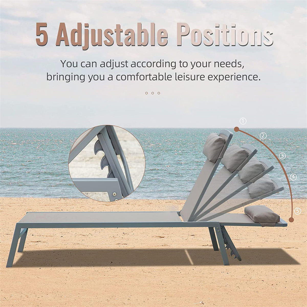 Patio Chaise Lounge Set Of 3, Aluminum Lounge Chairs With 5 Adjustable Positions, Outdoor Chaise Lounge For Pool, Deck, Garden, Backyard, Sunbathing Khaki,2 Lounge Chairs 1 Table Khaki Aluminium