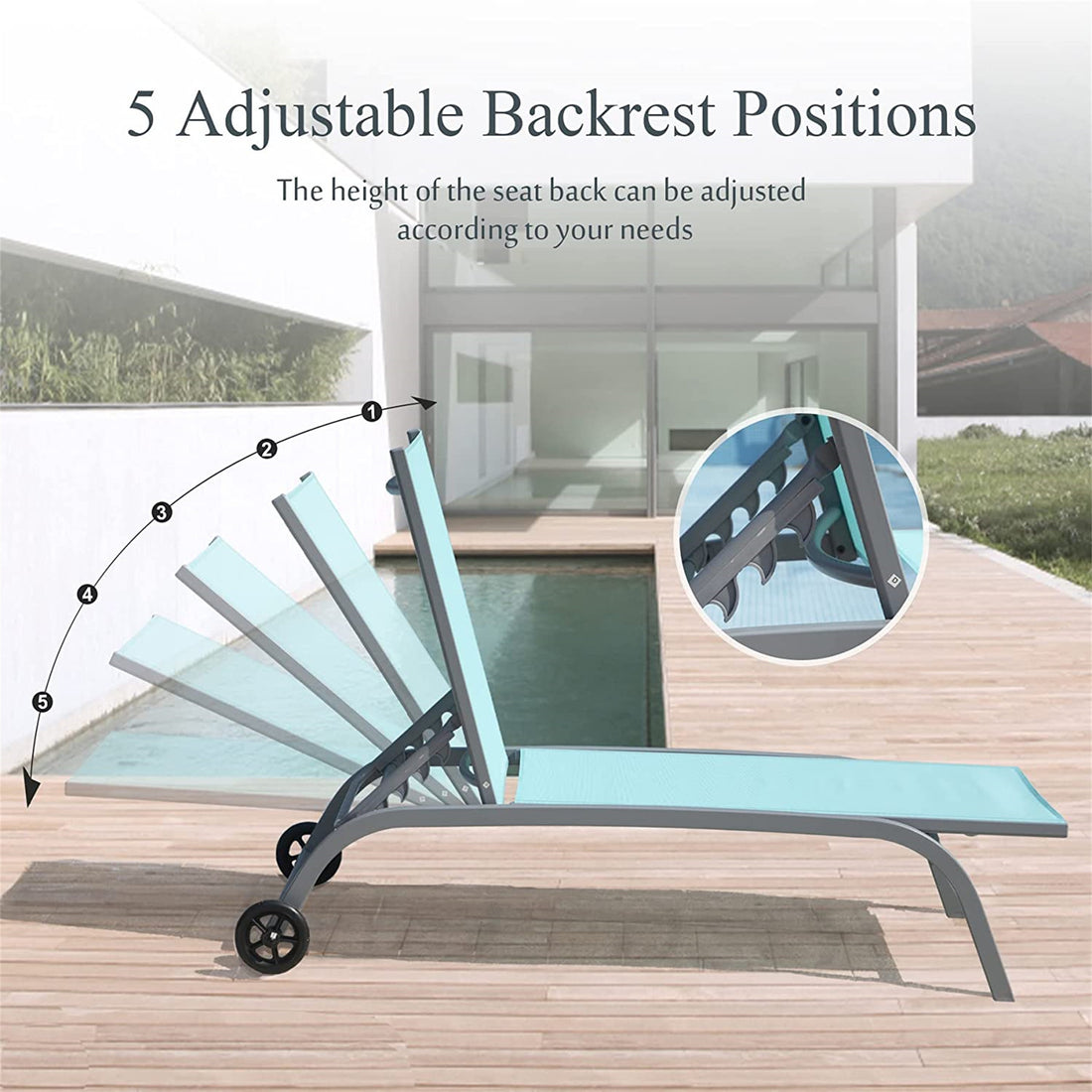 Chaise Lounge Outdoor Set Of 3, Lounge Chairs For Outside With Wheels, Outdoor Lounge Chairs With 5 Adjustable Position, Pool Lounge Chairs For Patio, Beach Turquoise Blue, 2 Lounge Chairs 1 Table Lake Blue Aluminium