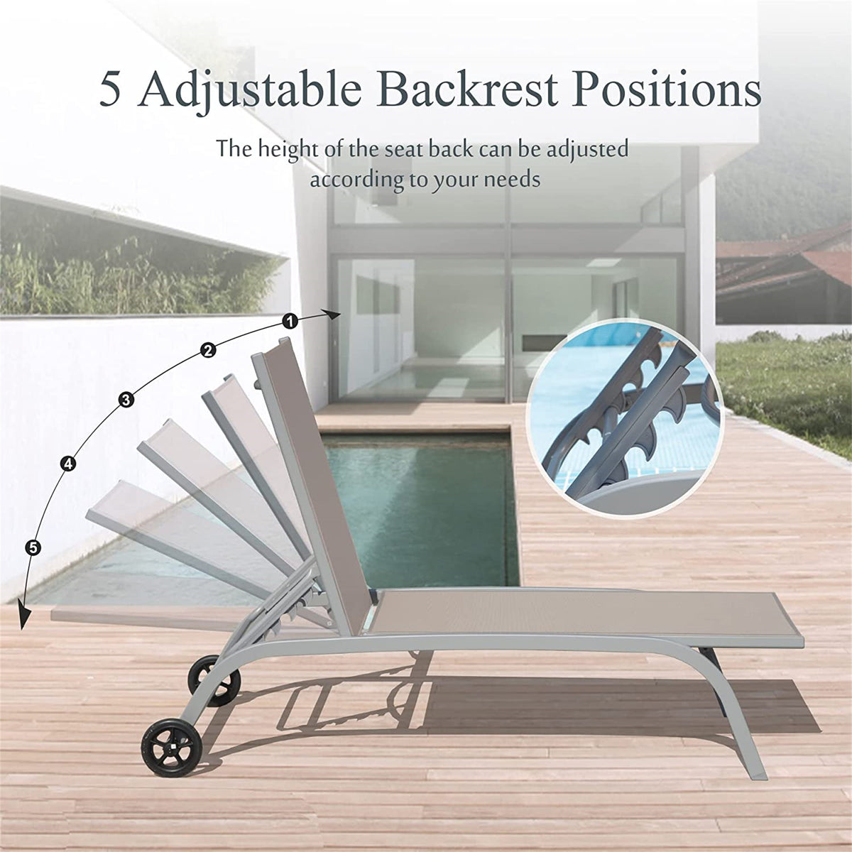 Chaise Lounge Outdoor Set Of 2, Lounge Chairs For Outside With Wheals, Outdoor Lounge Chairs With 5 Adjustable Position, Pool Lounge Chairs For Patio, Beach,Yard,Deck,Poolside Khaki, 2 Lounge Chairs Khaki Aluminium