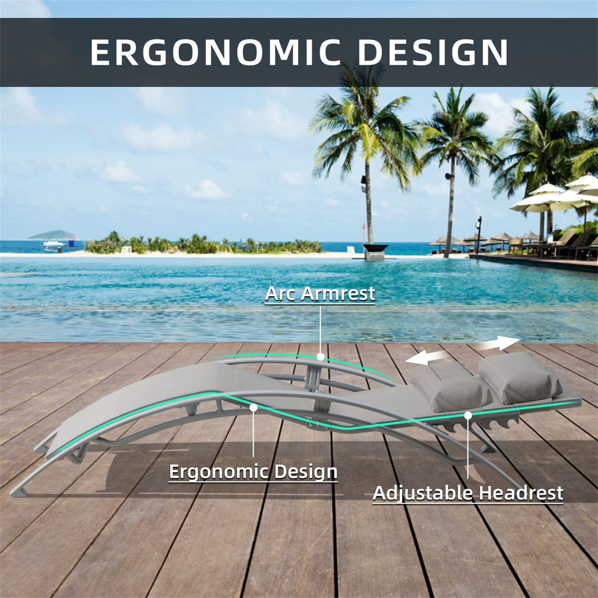 Pool Lounge Chairs Set Of 3, Adjustable Aluminum Outdoor Chaise Lounge Chairs With Metal Side Table, All Weather For Deck Lawn Poolside Backyard Grey,2 Lounge Chairs 1 Table Gray Aluminium