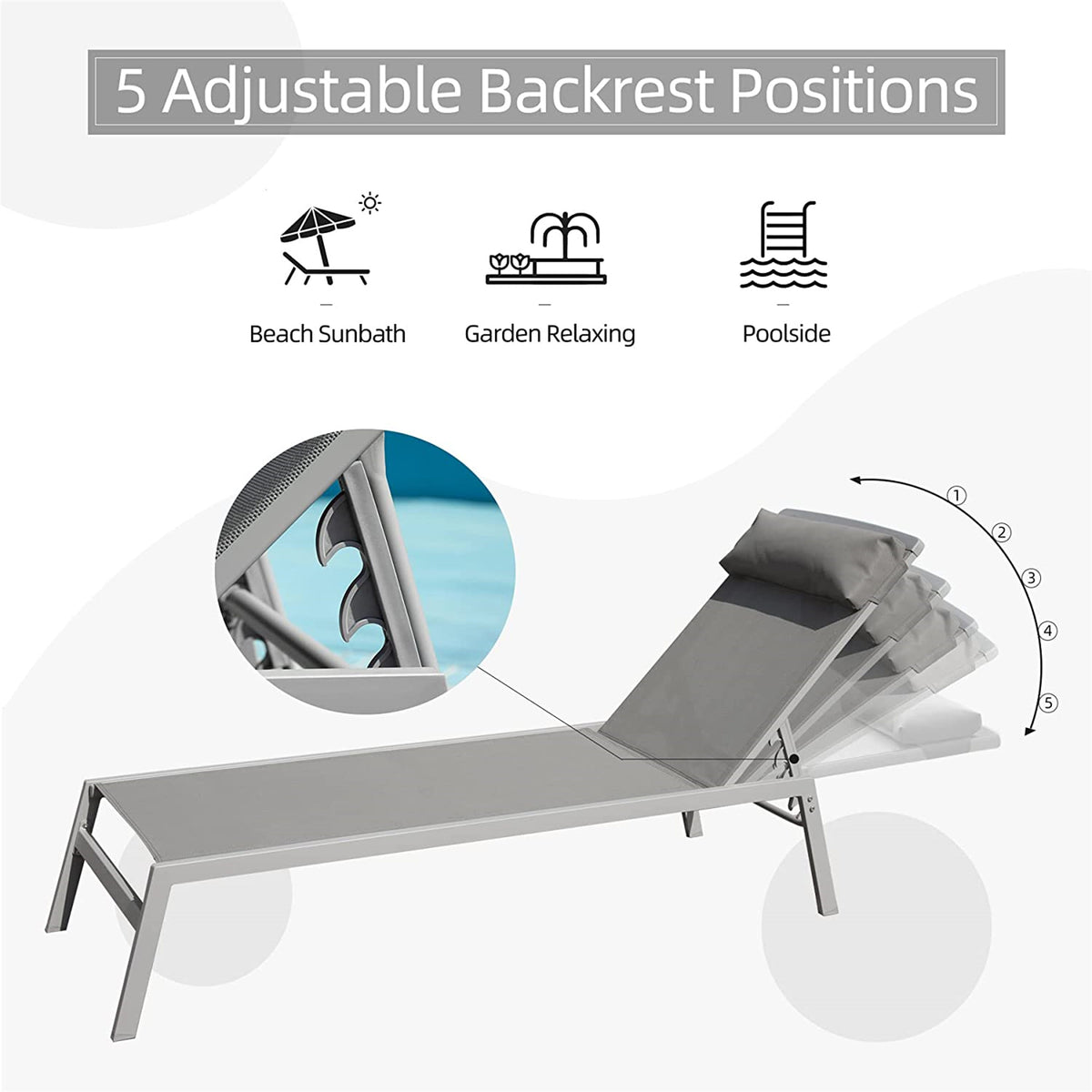 Patio Chaise Lounge Set, 3 Pieces Aluminum Adjustable Pool Lounge Chairs Textilene Sunbathing Recliner With Headrest Grey,2 Lounge Chairs 1 Table Grey Aluminium