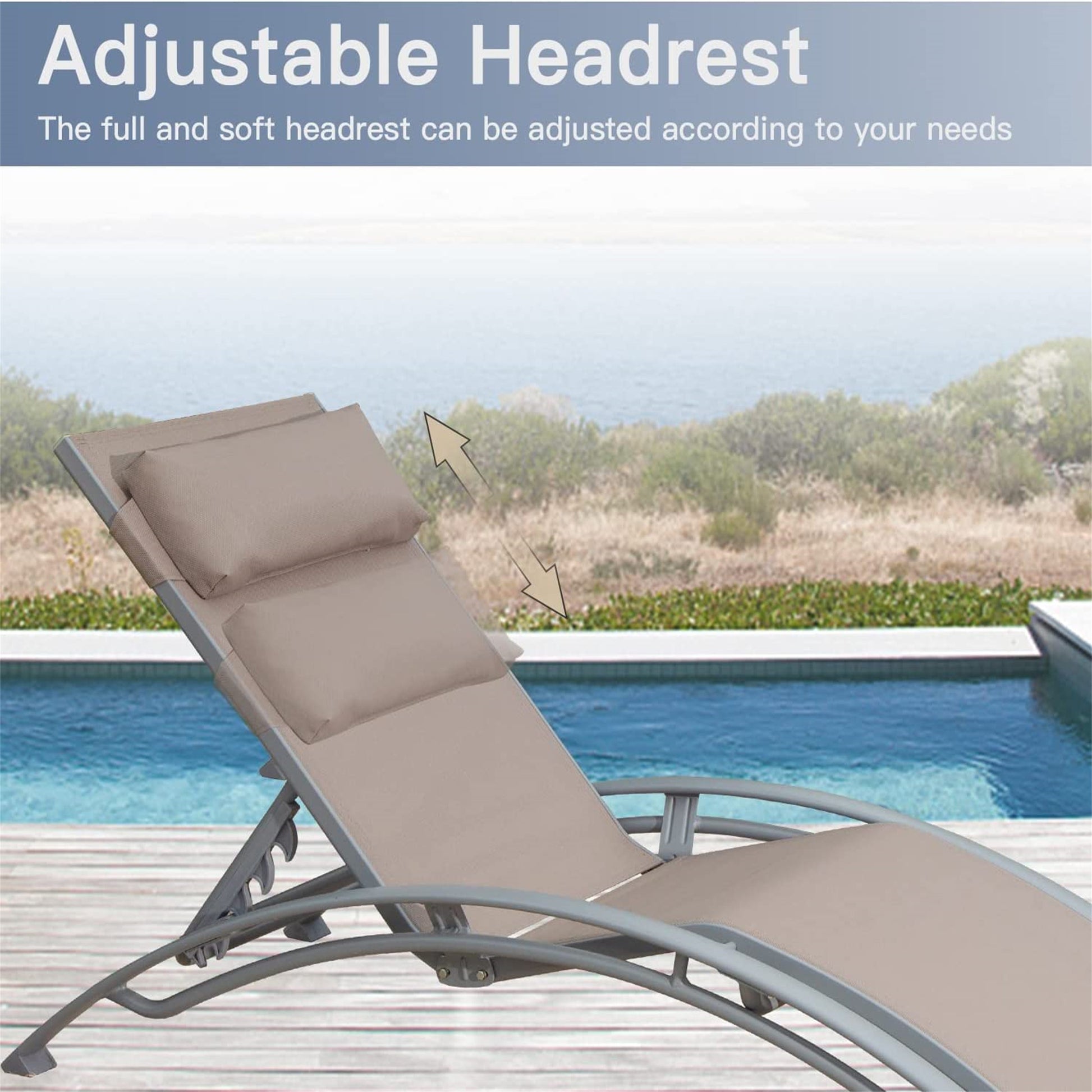 Outdoor Chaise Lounge Set Of 2 Patio Recliner Chairs With Adjustable Backrest And Removable Pillow For Indoor&Outdoor Beach Pool Sunbathing Lawn Khaki,2 Lounge Chairs Khaki Aluminium