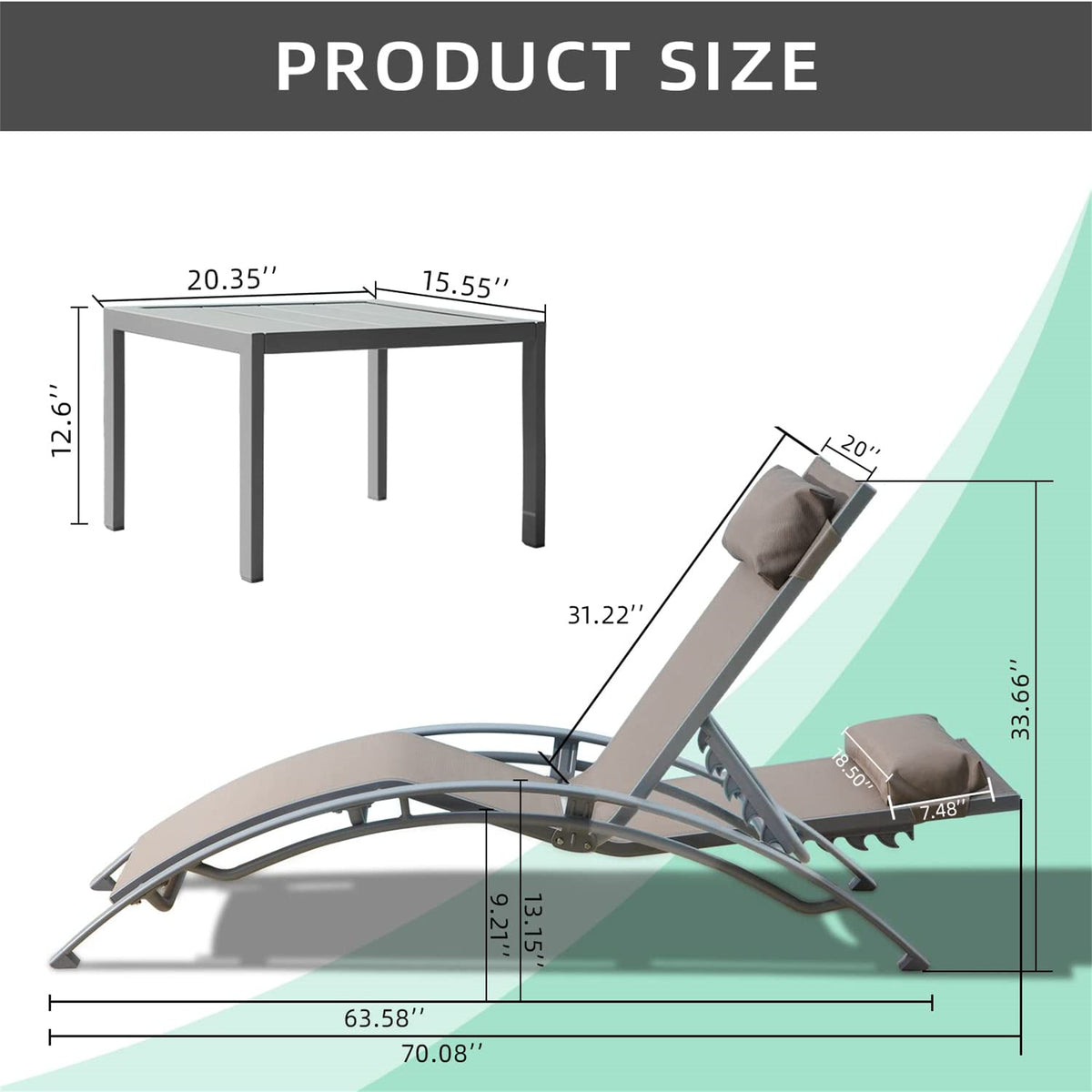 Pool Lounge Chairs Set Of 3, Adjustable Aluminum Outdoor Chaise Lounge Chairs With Metal Side Table, All Weather For Deck Lawn Poolside Backyard Khaiki, 2 Lounge Chair 1 Table Khaki Aluminium