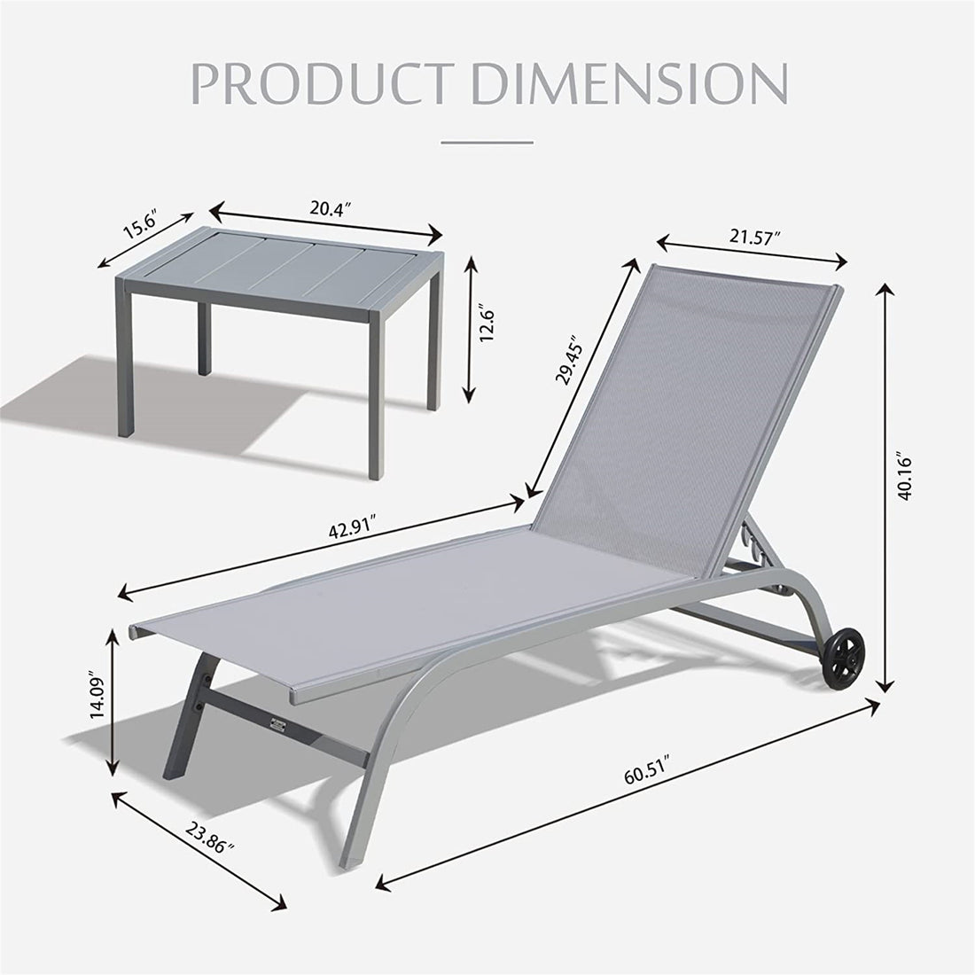 Chaise Lounge Outdoor Set Of 3, Lounge Chairs For Outside With Wheels, Outdoor Lounge Chairs With 5 Adjustable Position, Pool Lounge Chairs For Patio, Beach Grey,2 Lounge Chairs 1 Table Grey Aluminium