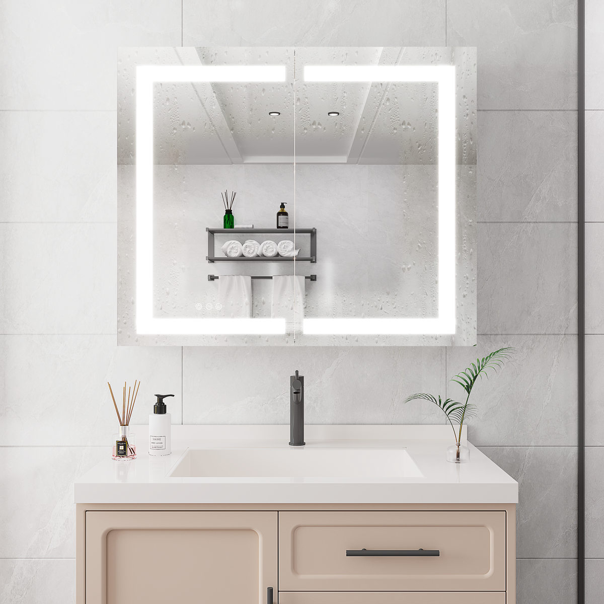 36 X 30 Inch Medicine Cabinet With Led Vanity Mirror, Anti Fog, Recessed Or Surface Mount, Waterproof, Dimmable, Aluminum 3000K 6000K Lighted Double Door Bathroom Cabinet With Touch Switch Mirror Included Bathroom Powder Coated 4 Silver 2 3 36 To 47 In