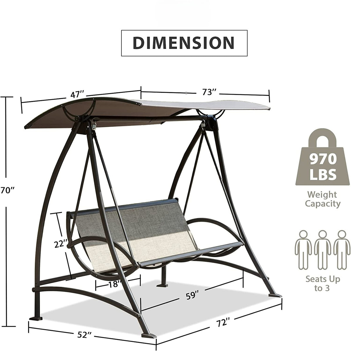 3 Seat Patio Swing Chair, Outdoor Porch Swing With Adjustable Canopy And Durable Steel Frame, Patio Swing Glider For Garden, Deck, Porch, Backyard Dark Brown Steel