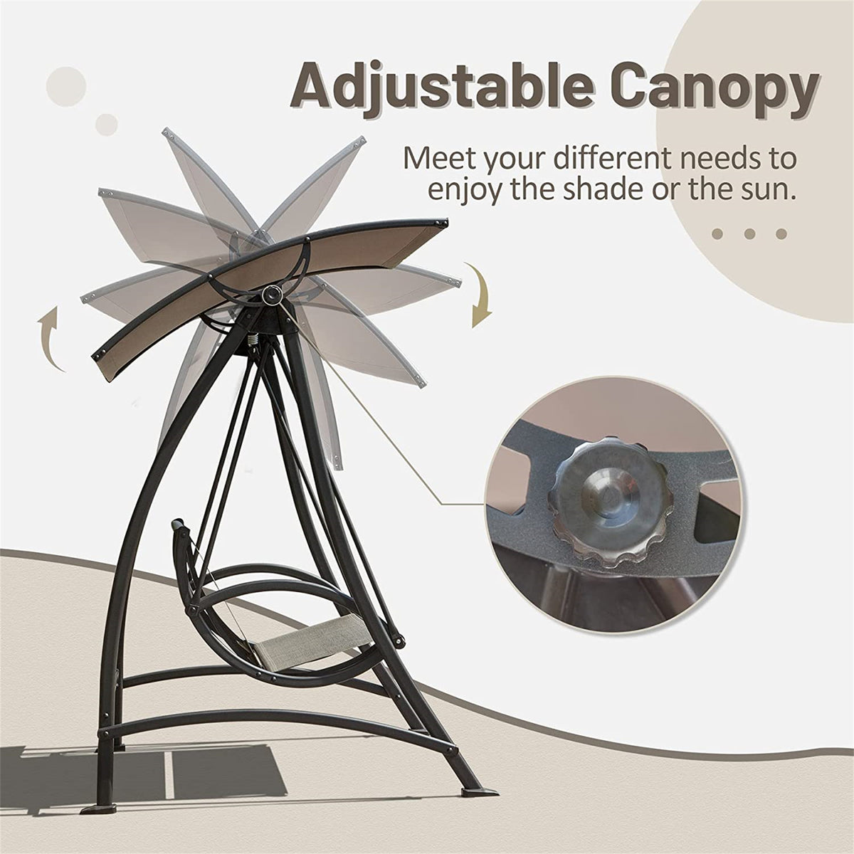 3 Seat Patio Swing Chair, Outdoor Porch Swing With Adjustable Canopy And Durable Steel Frame, Patio Swing Glider For Garden, Deck, Porch, Backyard Dark Brown Steel