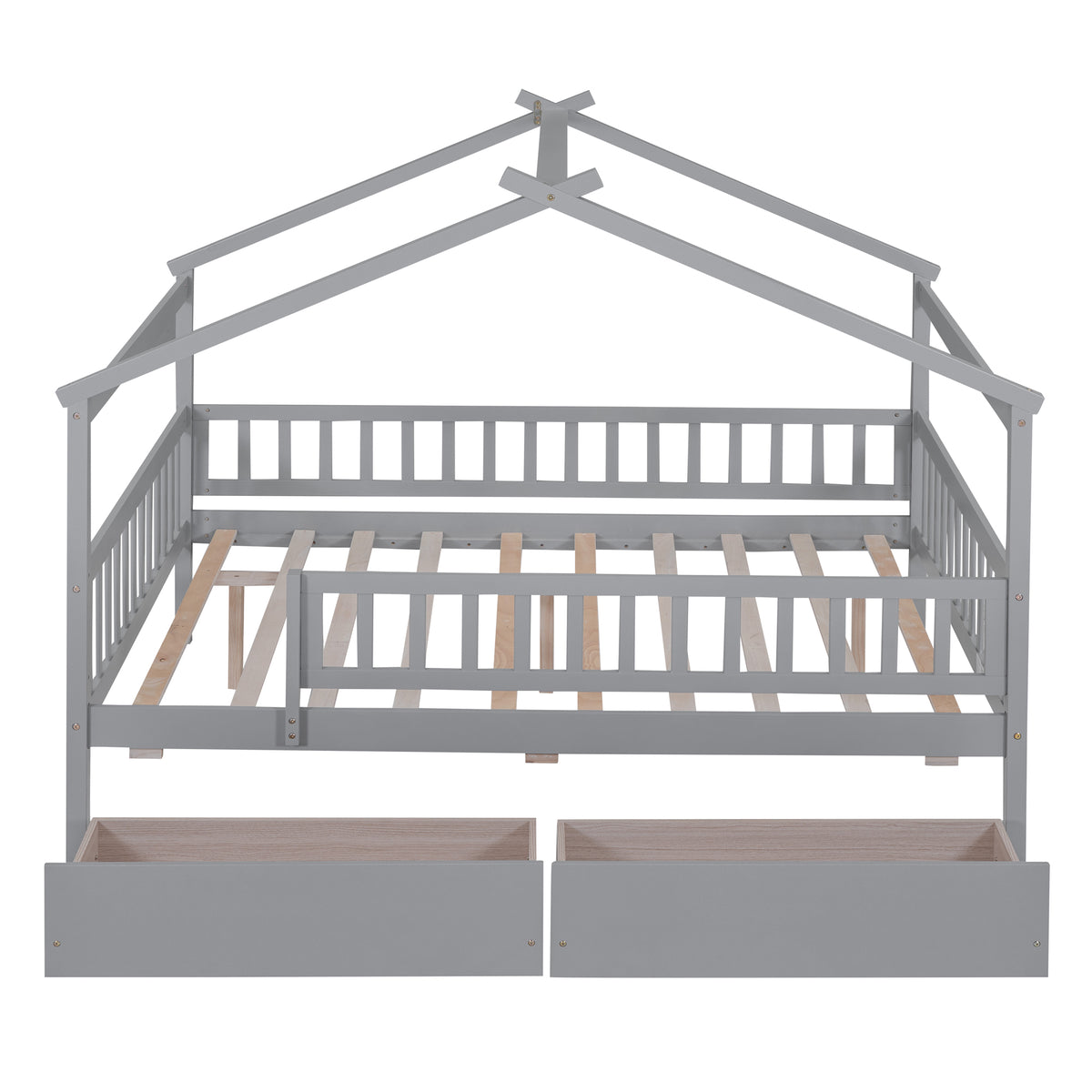 Full Size Wooden House Bed With Two Drawers,Gray Box Spring Not Required Full Gray Wood Gray Bedroom Pine Bed Frame Wood