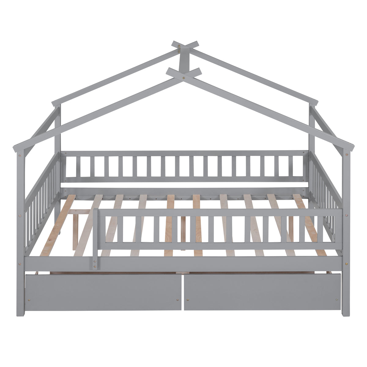 Full Size Wooden House Bed With Two Drawers,Gray Box Spring Not Required Full Gray Wood Gray Bedroom Pine Bed Frame Wood
