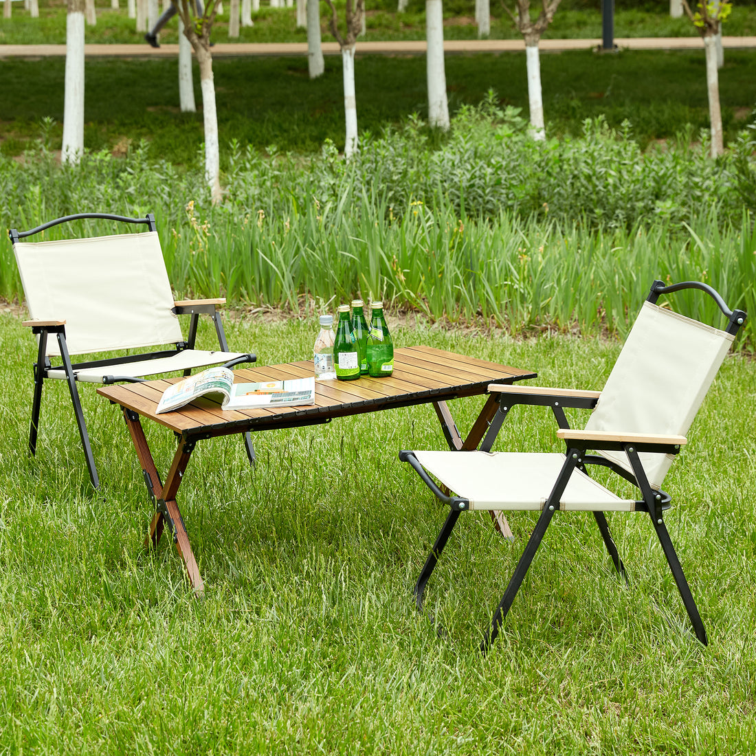 3 Piece Folding Outdoor Table And Two Chairs,Lightweight Aluminum Roll Up Square For Indoor, Outdoor Camping, Picnics, Beach,Backyard, Bbq, Party, Patio, Brown Beige Brown Beige Garden & Outdoor Modern Aluminum