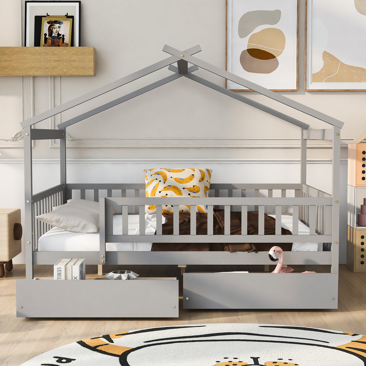 Full Size Wooden House Bed With Two Drawers,Gray Box Spring Not Required Full Gray Wood Gray Bedroom Pine Bed Frame Wood