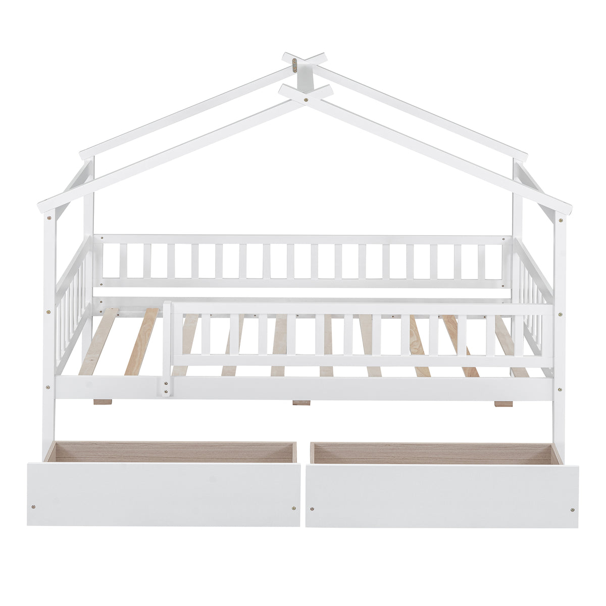 Twin Size Wooden House Bed With Two Drawers, White Box Spring Not Required Twin White Wood White Bedroom Pine Bed Frame Wood
