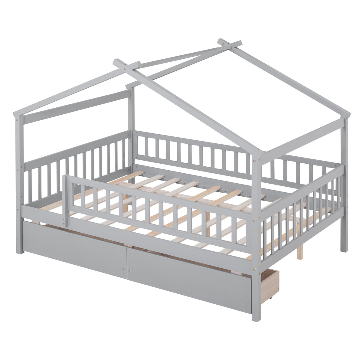 Full Size Wooden House Bed With Two Drawers,Gray Box Spring Not Required Full Gray Wood Gray Bedroom Pine Bed Frame Wood