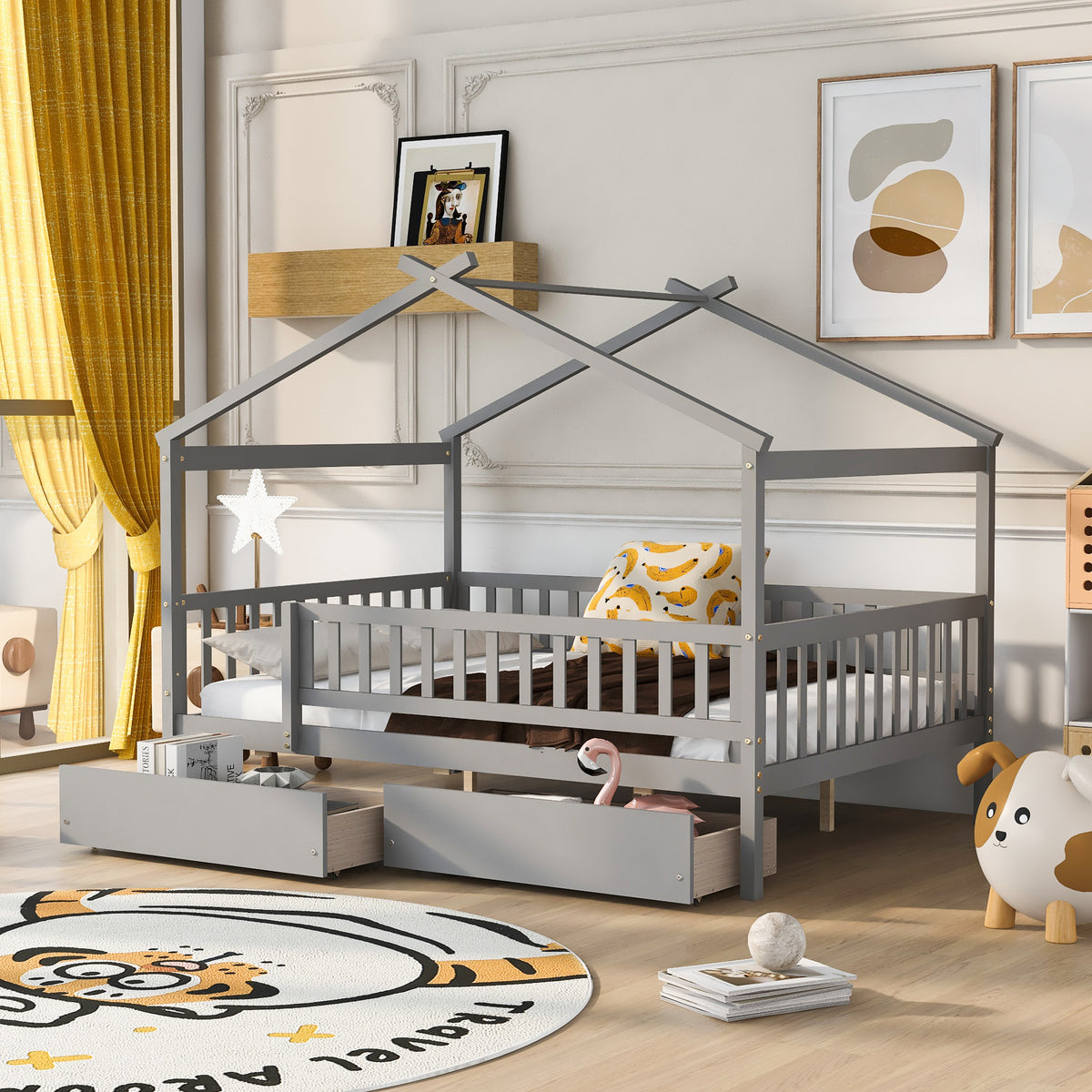 Full Size Wooden House Bed With Two Drawers,Gray Box Spring Not Required Full Gray Wood Gray Bedroom Pine Bed Frame Wood