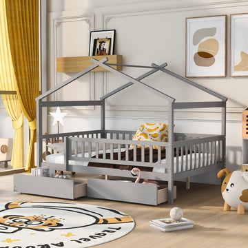 Full Size Wooden House Bed With Two Drawers,Gray Box Spring Not Required Full Gray Wood Gray Bedroom Pine Bed Frame Wood