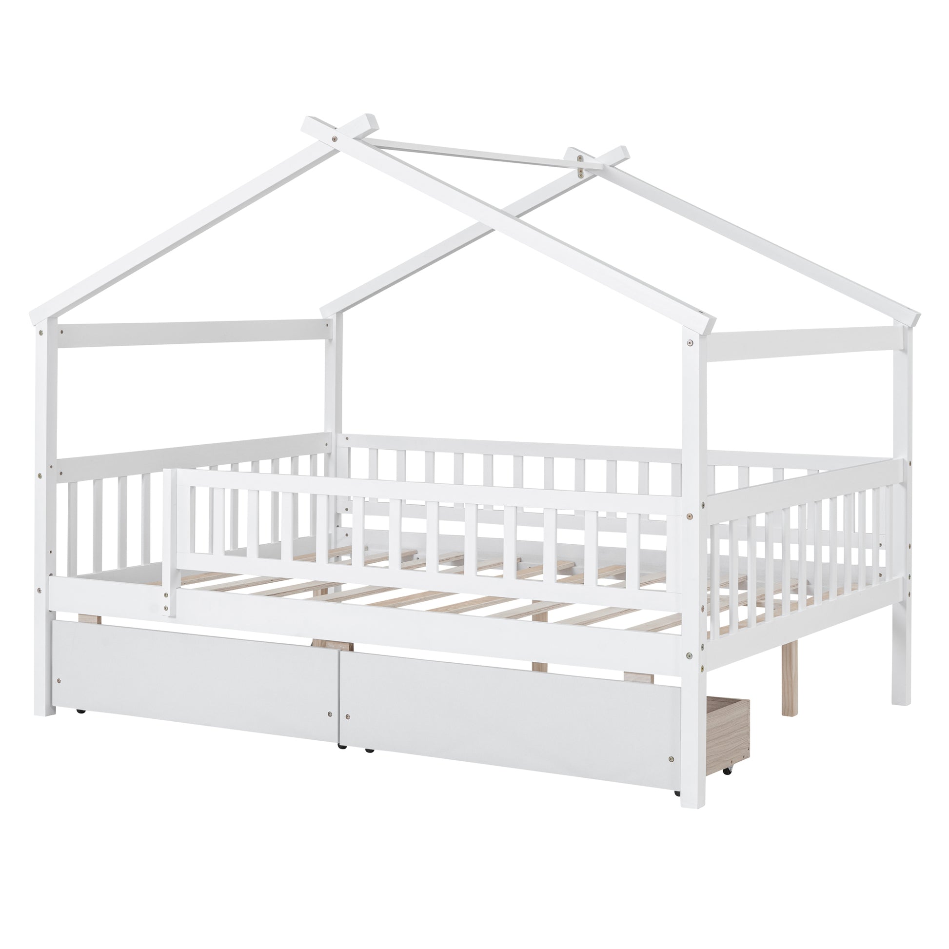 Full Size Wooden House Bed With Two Drawers, White Box Spring Not Required Full White Wood White Bedroom Pine Bed Frame Wood