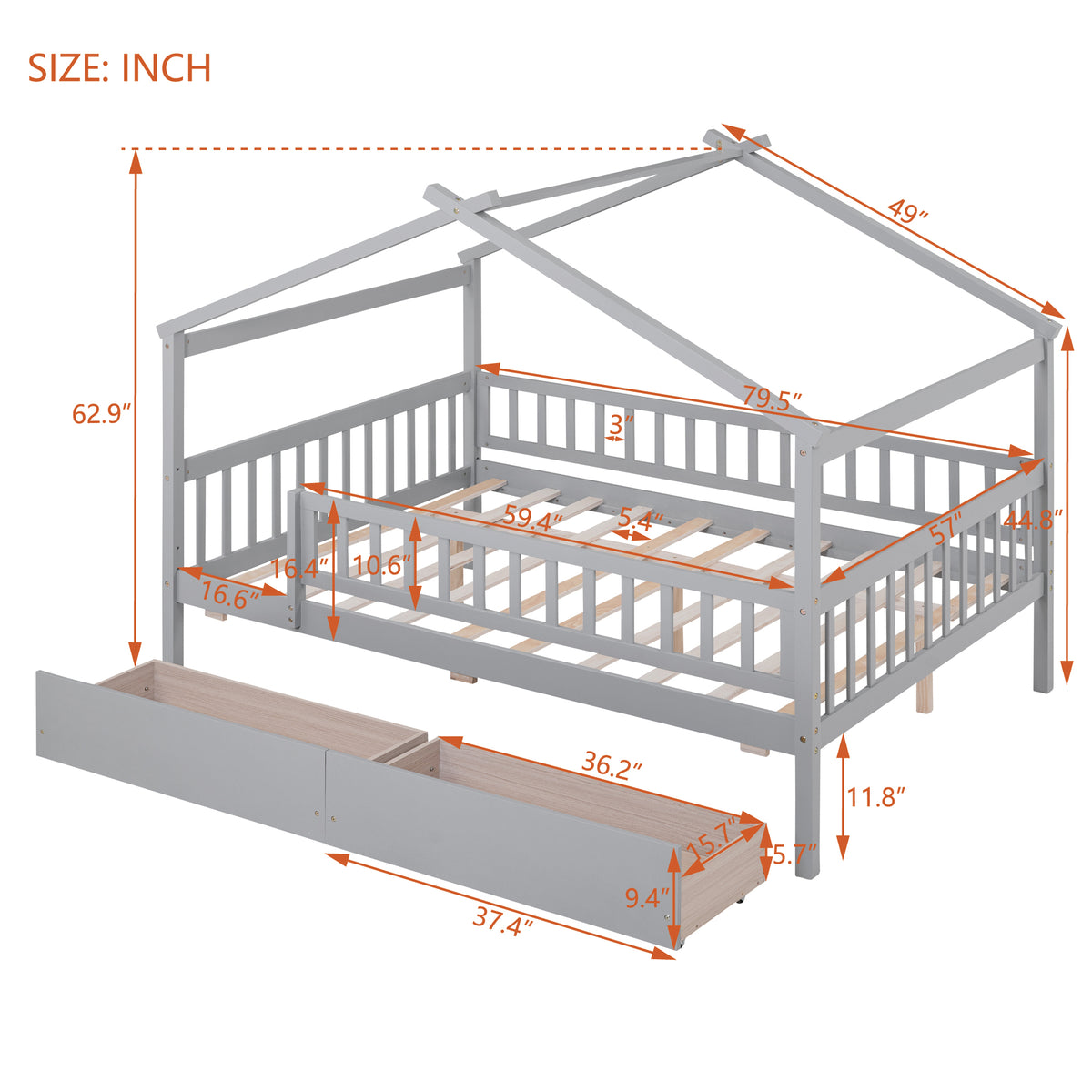 Full Size Wooden House Bed With Two Drawers,Gray Box Spring Not Required Full Gray Wood Gray Bedroom Pine Bed Frame Wood