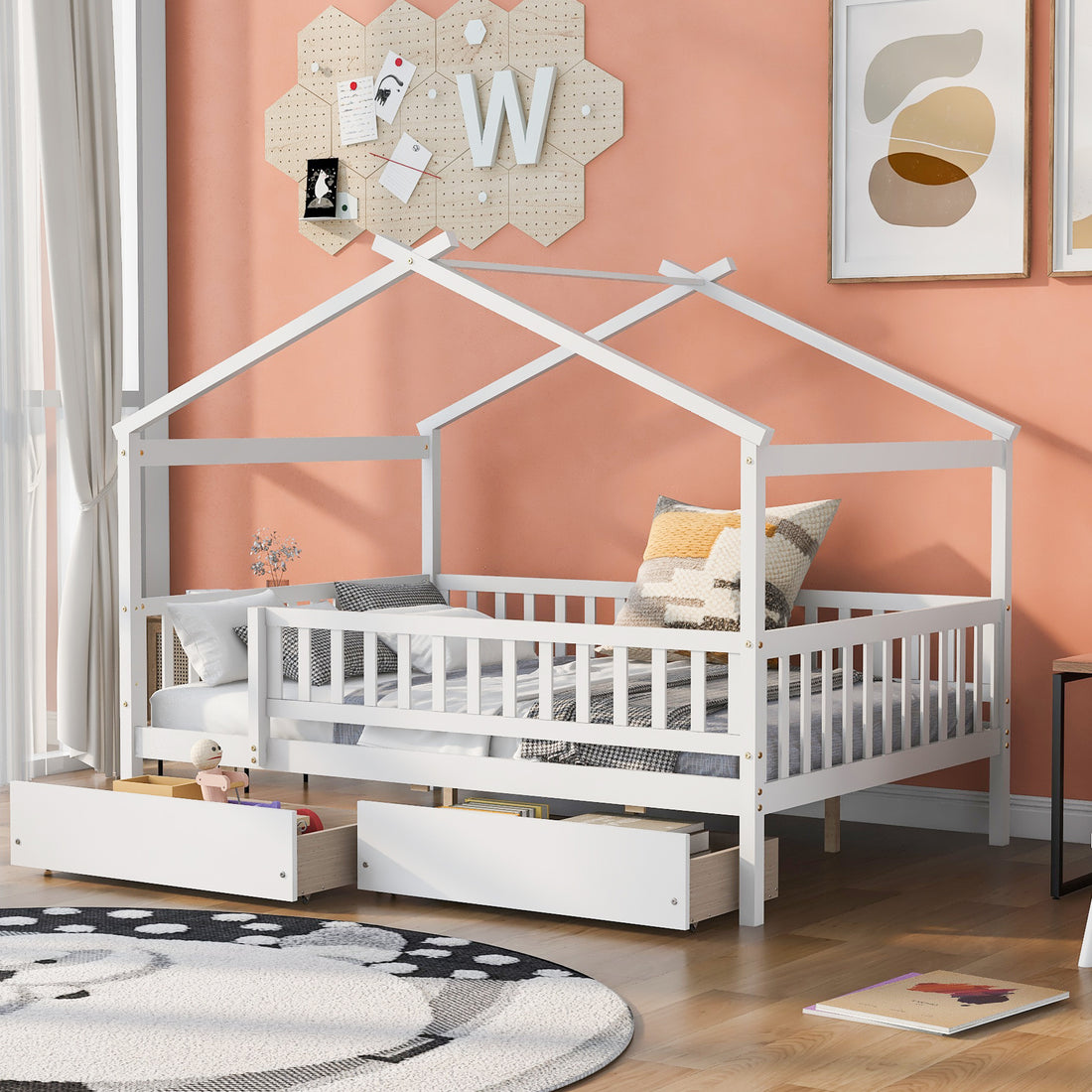 Full Size Wooden House Bed With Two Drawers, White Box Spring Not Required Full White Wood White Bedroom Pine Bed Frame Wood