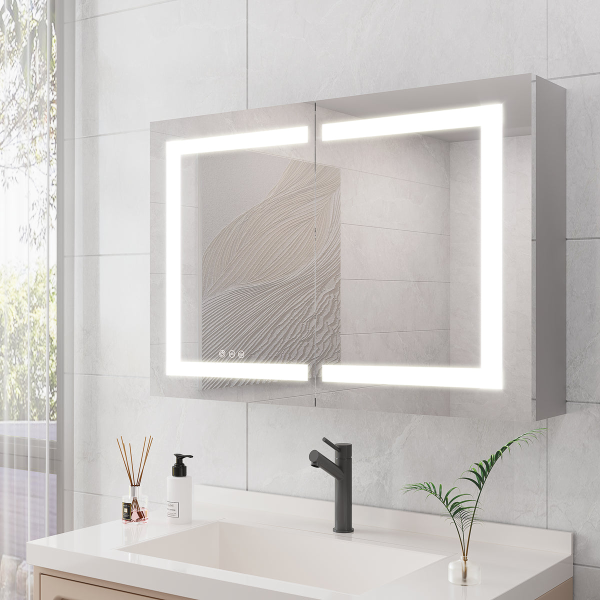 Bathroom Medicine Cabinet With Lights, 36 24 Inch Led Medicine Cabinet With Mirror, Wall Cabinet With Shelves, Double Door Lighted Medicine Cabinet With Defogger, Dimmable, Wall Mount Mirror Included Bathroom Powder Coated 3 Silver 2 2 36 To 47 In 24 To