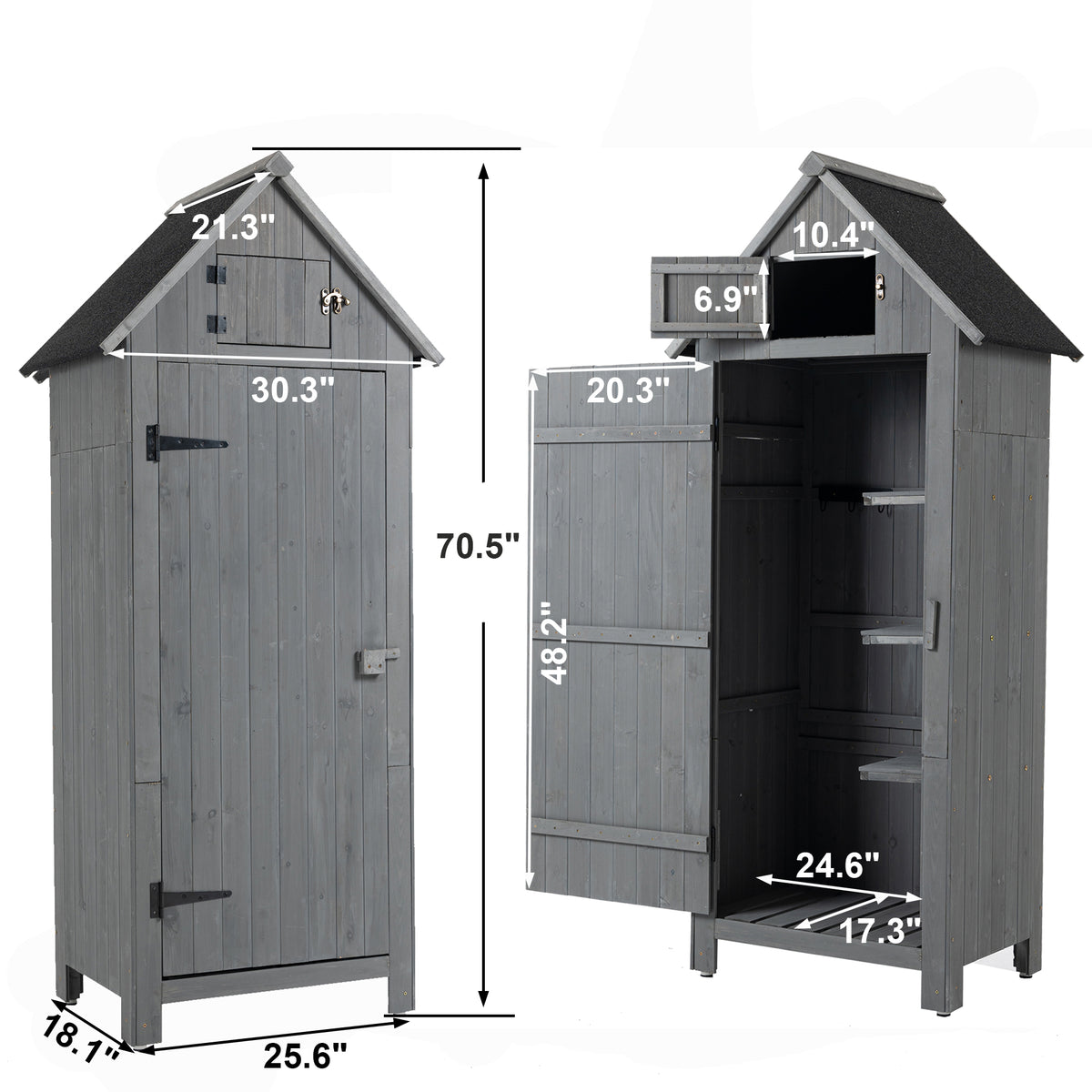30.3"L X 21.3"W X 70.5"H Outdoor Storage Cabinet Tool Shed Wooden Garden Shed Gray Grey Solid Wood