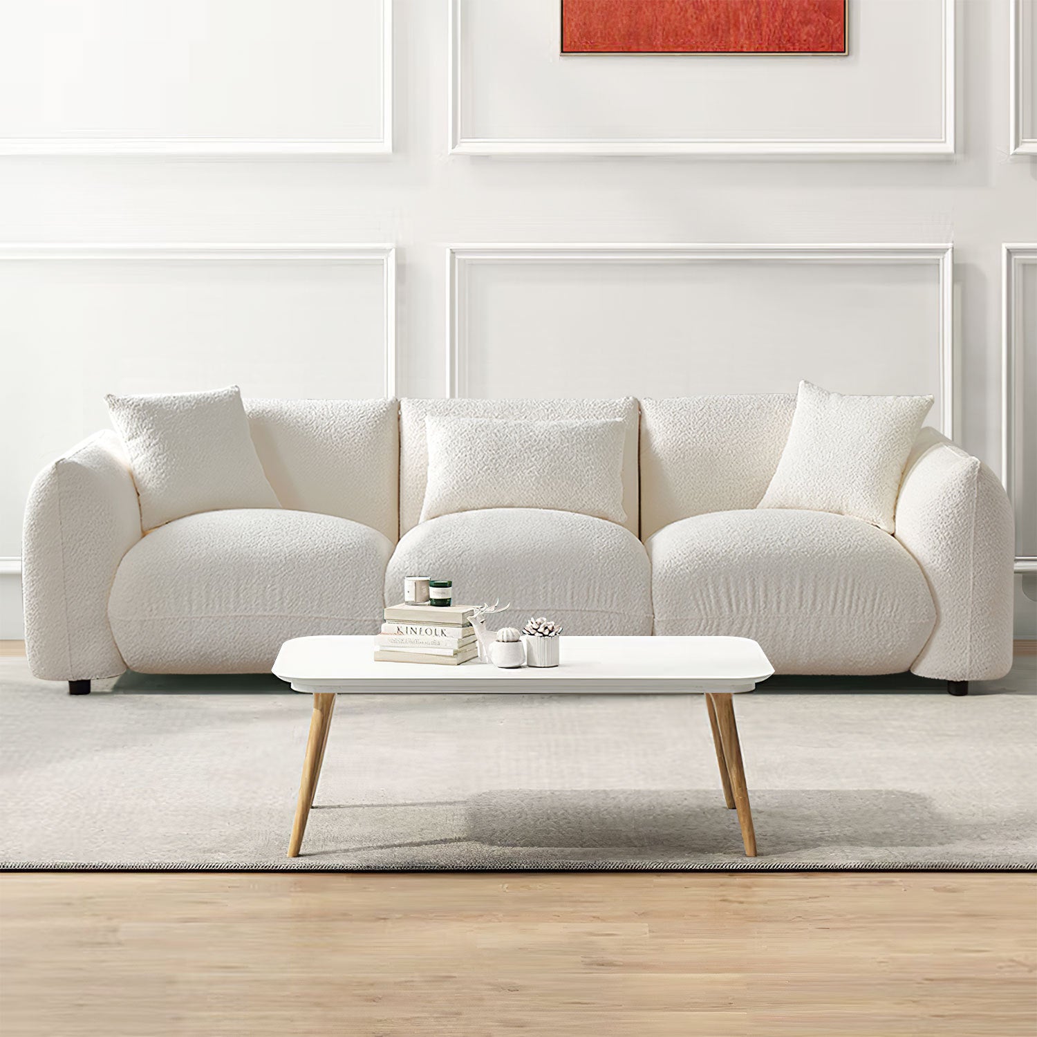 Mid Century Modern Couch 3 Seater Sofa Upholstered For Living Room, Bedroom, Beige Beige Boucle