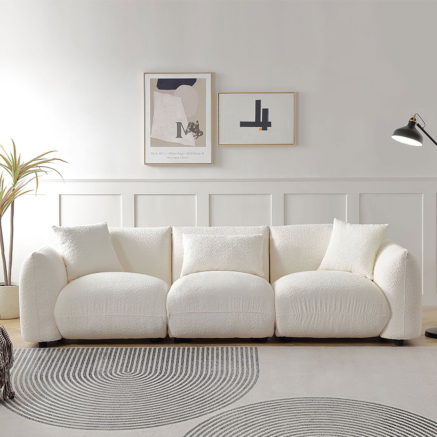 Mid Century Modern Couch 3 Seater Sofa For Livingroom, Beige Beige Boucle
