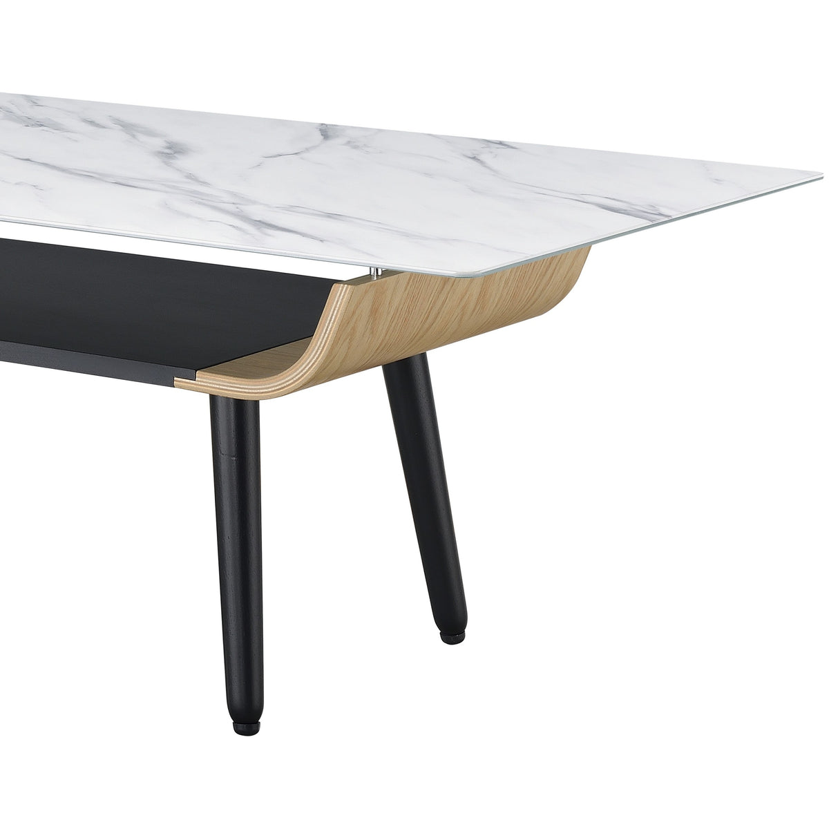 Landon 47" Coffee Table With Glass White Marble Texture Top And Bent Wood Design White Glass