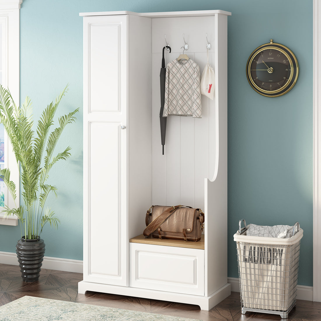 Stylish Design Hall Tree With Flip Up Bench, Minimalist Hallway Shoe Cabinet With Adjustable Shelves, Multifunctional Furniture With Hanging Hooks For Entryways, Mudroom, White High Back White Primary Living Space Minimalist Wood Flip Top Mdf