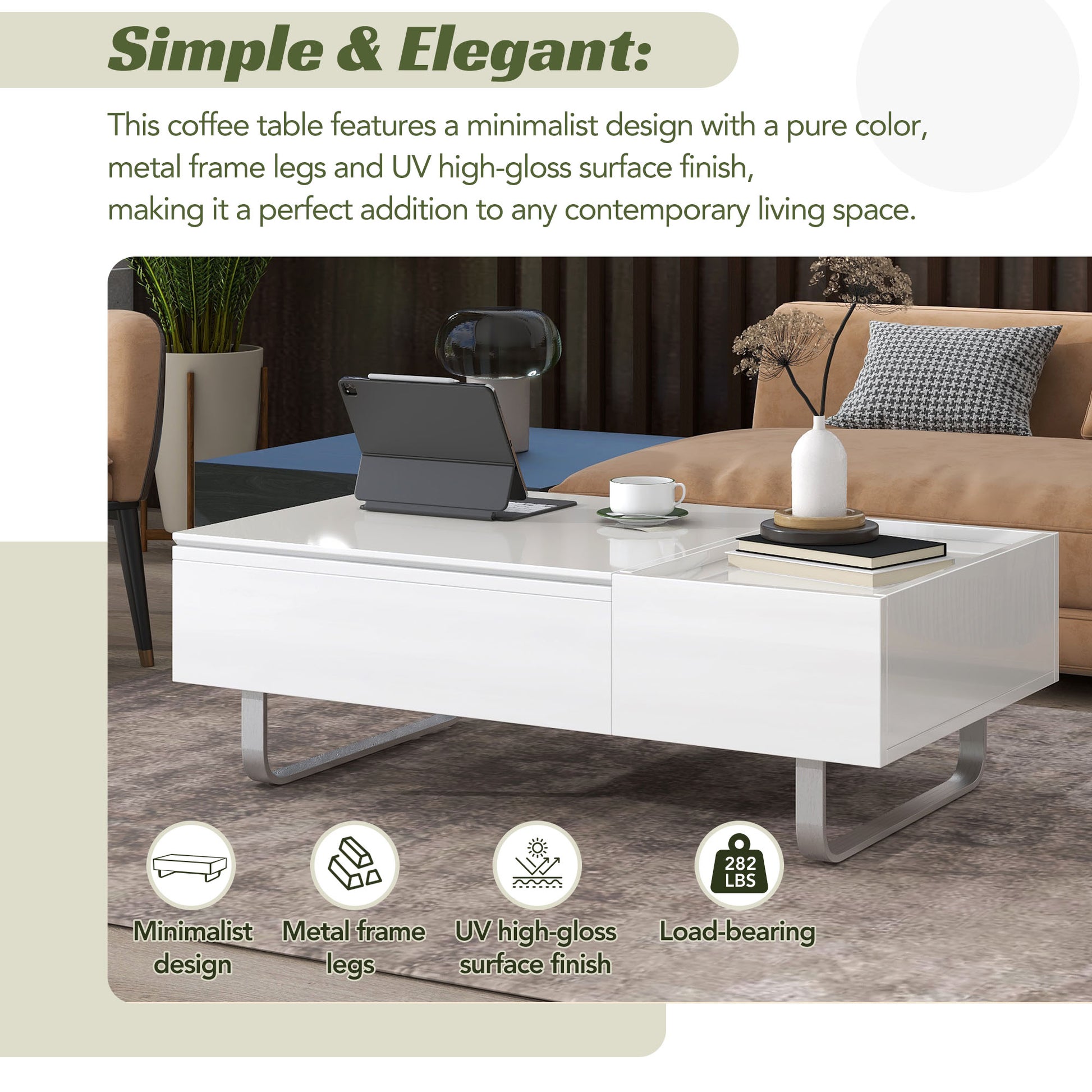 Multi Functional Coffee Table With Lifted Tabletop, Contemporary Cocktail Table With Metal Frame Legs, High Gloss Surface Dining Table For Living Room, White White Soft Close Drawers Primary Living Space Contemporary Manual Freestanding Rectangular Hutch