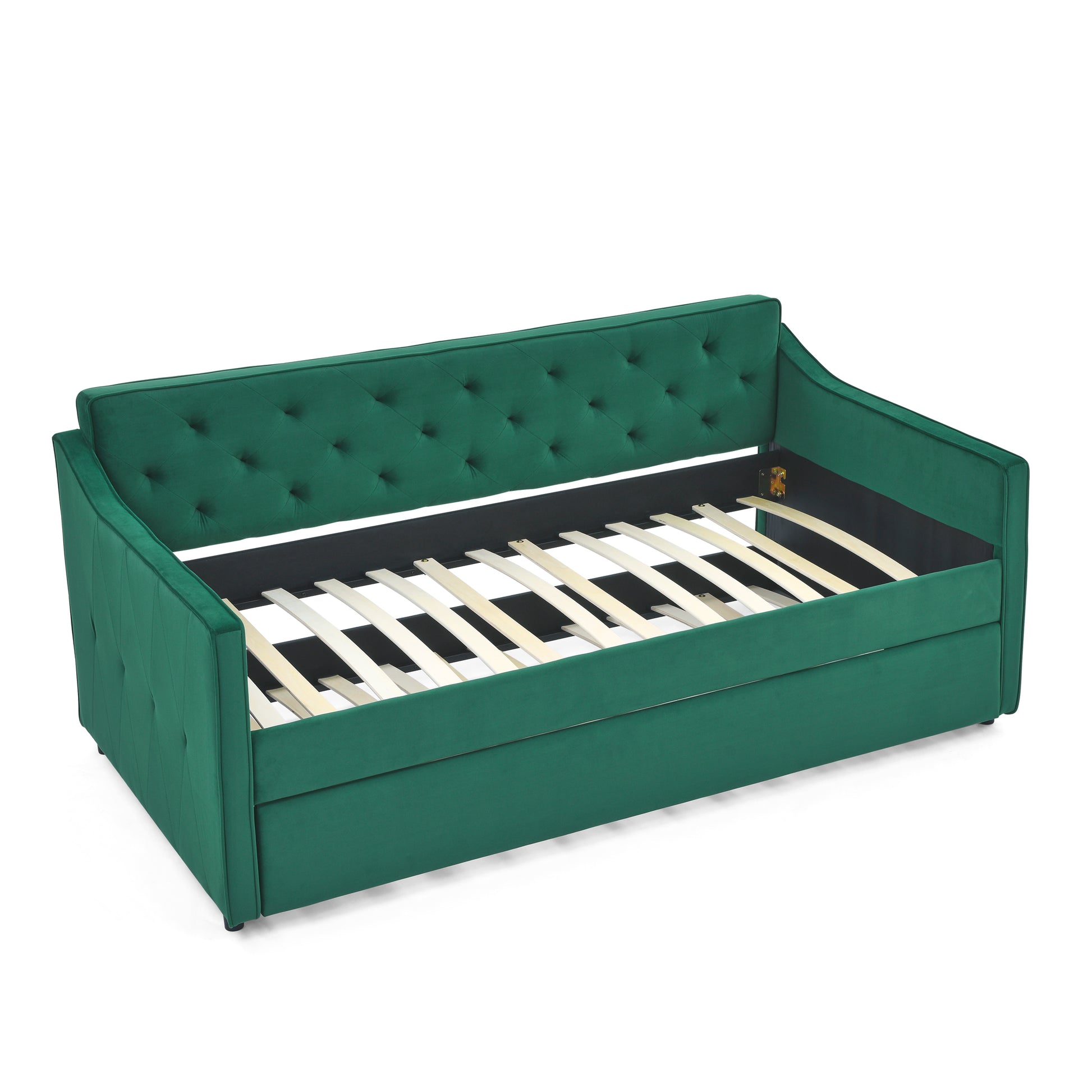 Twin Size Daybed With Twin Size Trundle Upholstered Tufted Sofa Bed, Waved Shape Arms 80.5"X44.5"X33.5" Green Velvet