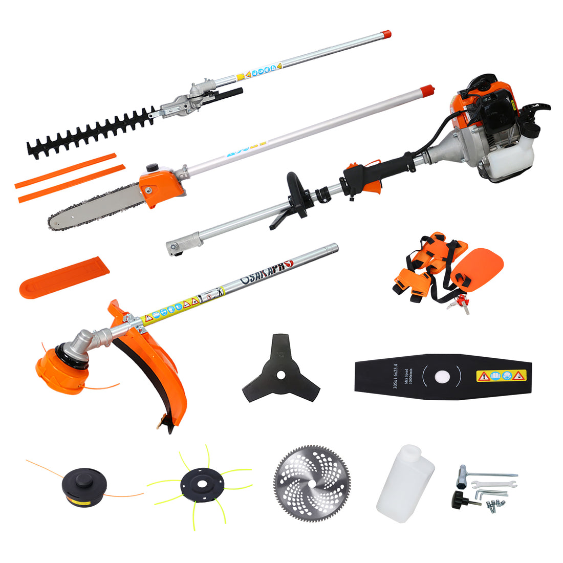 8 In 1 Multi Functional Trimming Tool, 56Cc 2 Cycle Garden Tool System With Gas Pole Saw, Hedge Trimmer, Grass Trimmer, And Brush Cutter Epa Compliant Orange Plastic